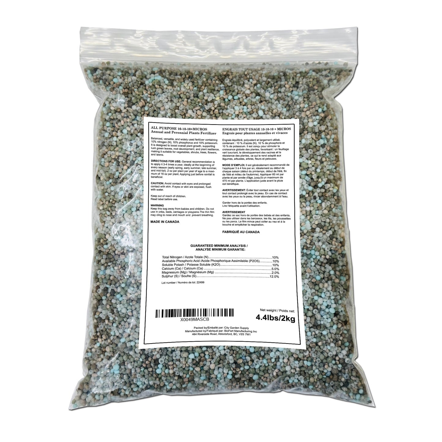 All Purpose 10-10-10 Fertilizer, Organic Based Blend with Micronutrients and Nitrogen Stabilizers, for Lawns, Vegetables, Flowers, Fruit Trees, House Plants. Made in Canada. 4.4lbs/2kg