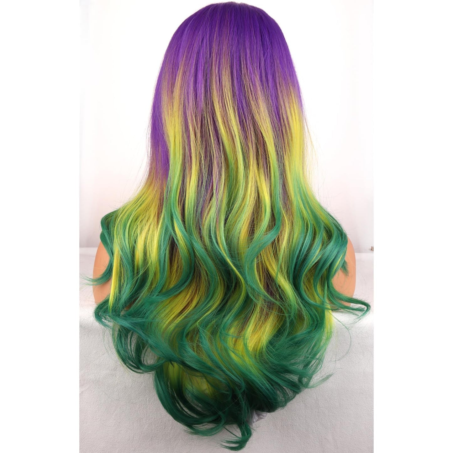 BERON Mardi Gras Colored Wigs Ombre Purple Yellow Green Long Wavy Wig for Women Girls Heat Resistant Synthetic Hair Wigs for Cosplay Party