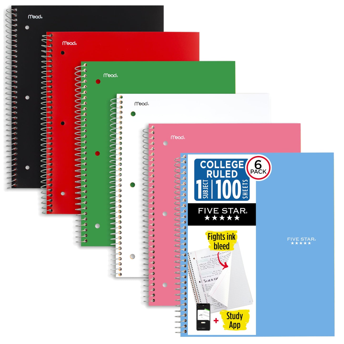 Five Star 1-Subject Spiral Notebook, 8.5" x 11" Paper Size, College Ruled, 200 Pages/100 Sheets, Neat Sheet Perforated Pages, Wirebound, Assorted Colour Poly Covers, 6-Pack (38052)