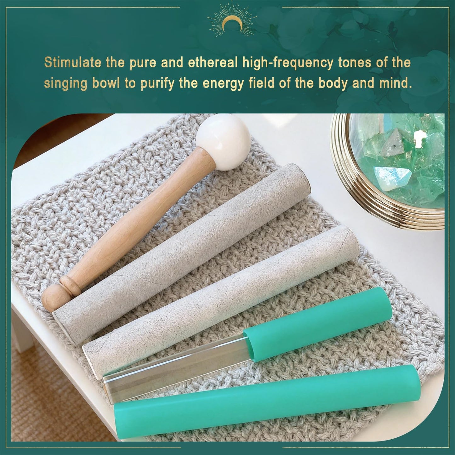 UPCEED 5 Pcs Singing Bowl Mallet Set, Rubber Mallet with Wooden Handle, Acrylic Silicone Rubber Mallet Striker, Handmade Thick Suede Sheepskin Striker for Playing Quartz Crystal Singing Bowls(Green)
