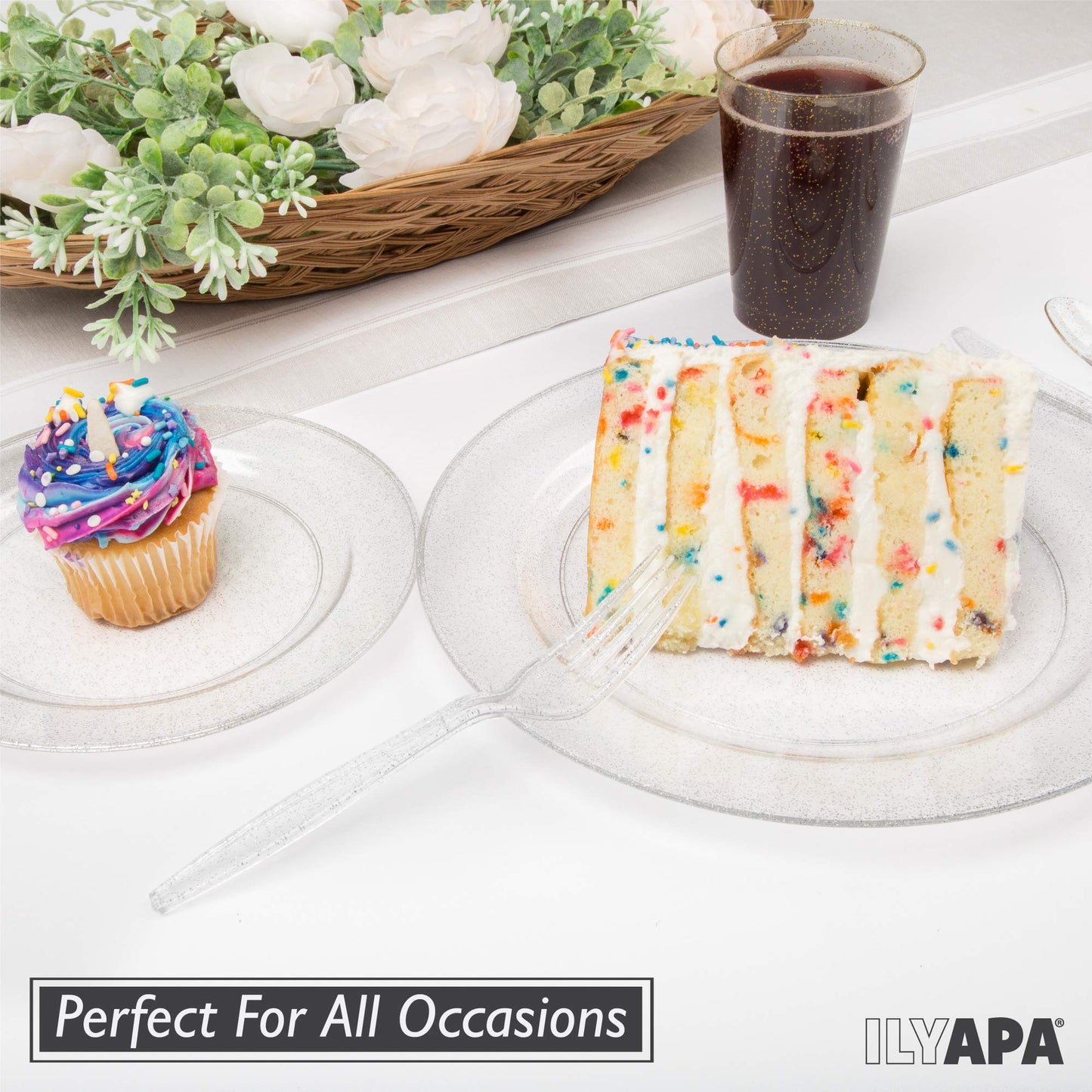 Ilyapa 100 Pack 6 Inch Disposable Dessert Plates, Plastic Clear Party Sets for 100 Guests, Clear Appetizer and Cake plates 6", Party & Dinner Accessories, Silver Glitter