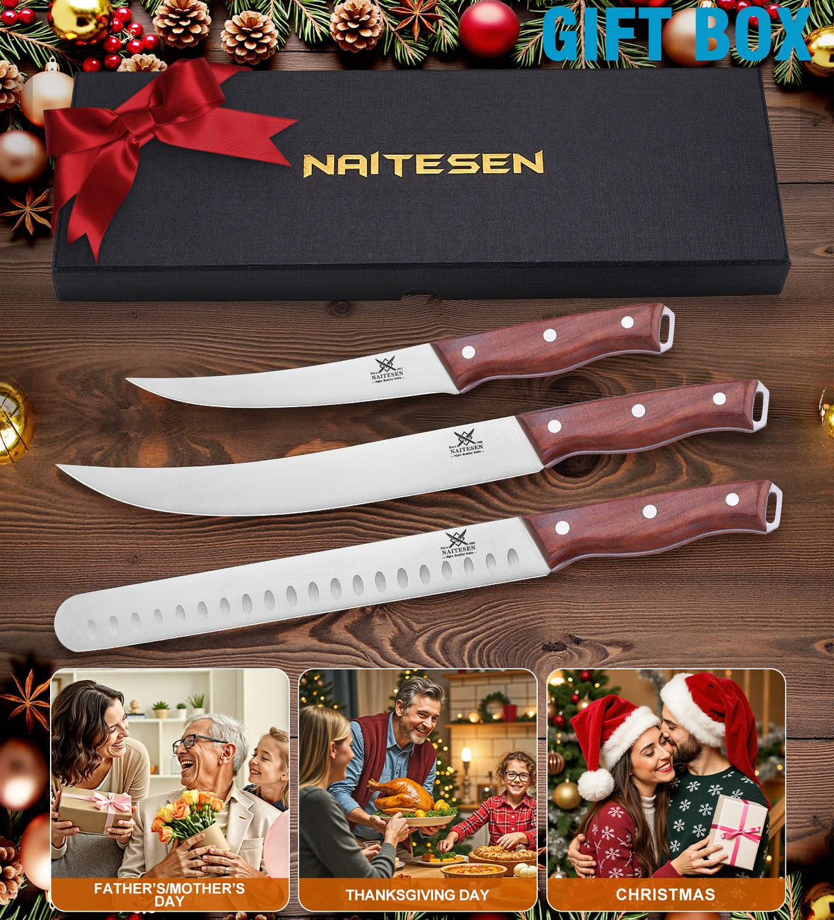 Naitesen 3PCS Professional Meat Knives Set, Butcher Knife, Very Sharp Brisket Carving Knife for BBQ Slicing Cutting Full Tang Rosewood Handle High Carbon Steel, Gifts for Men Women