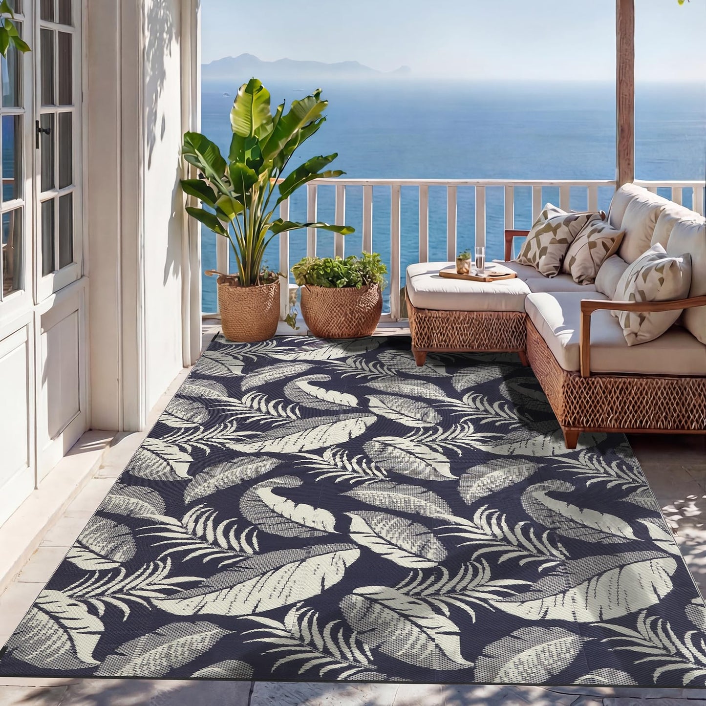 OPPODREAM Reversible Outdoor Rug 5x7, Waterproof Outdoor Plastic Straw Rug for Patio, Tropical Leaf Spring Camping Rugs for Outside, Deck, Backyard, Camping, Balcony, Porch, Rv, Navy and Beige