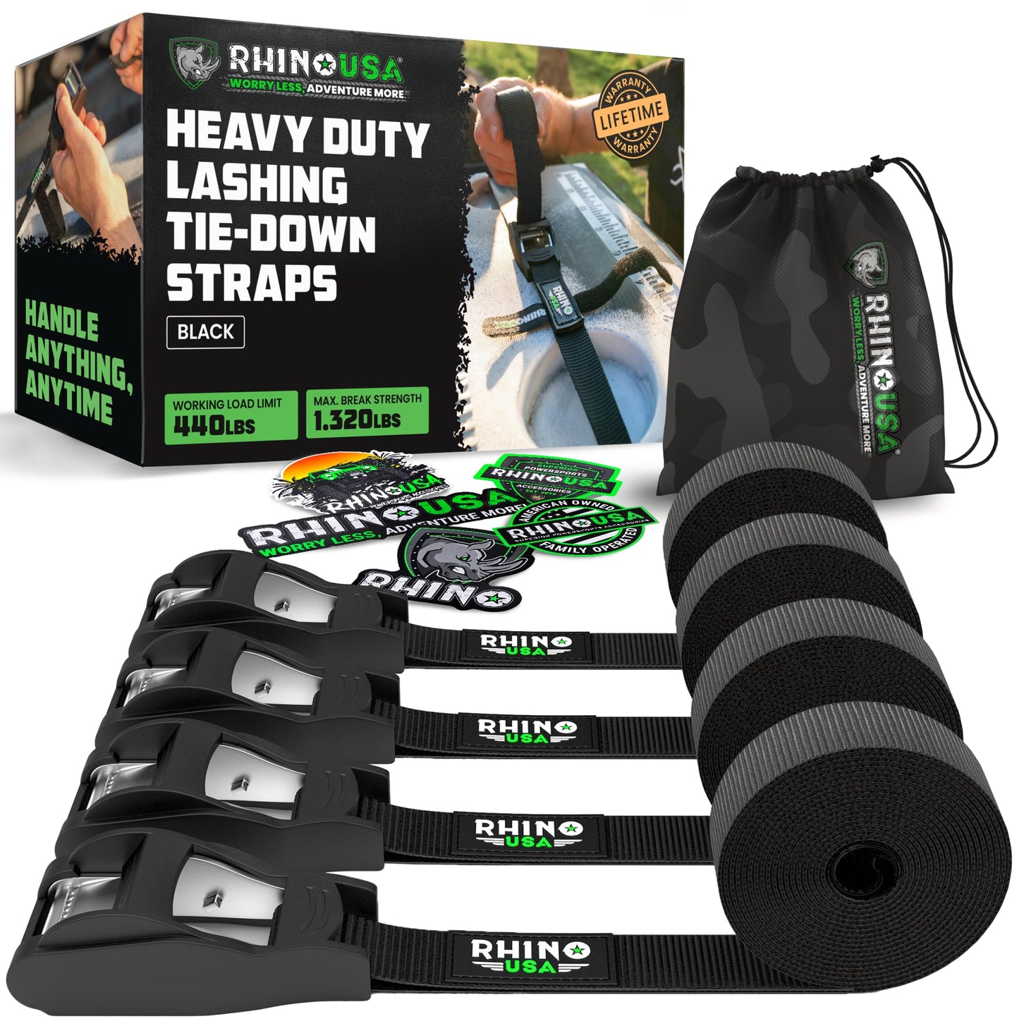 Rhino USA Lashing Tie Down Straps (4PK) - 1,320lb Guaranteed Max Break Strength, Includes (4) Heavy Duty 1in x 12ft Cam Buckle Pull Straps. Best for Securing Cargo, Kayak, Cooler, Roof Rack, Etc