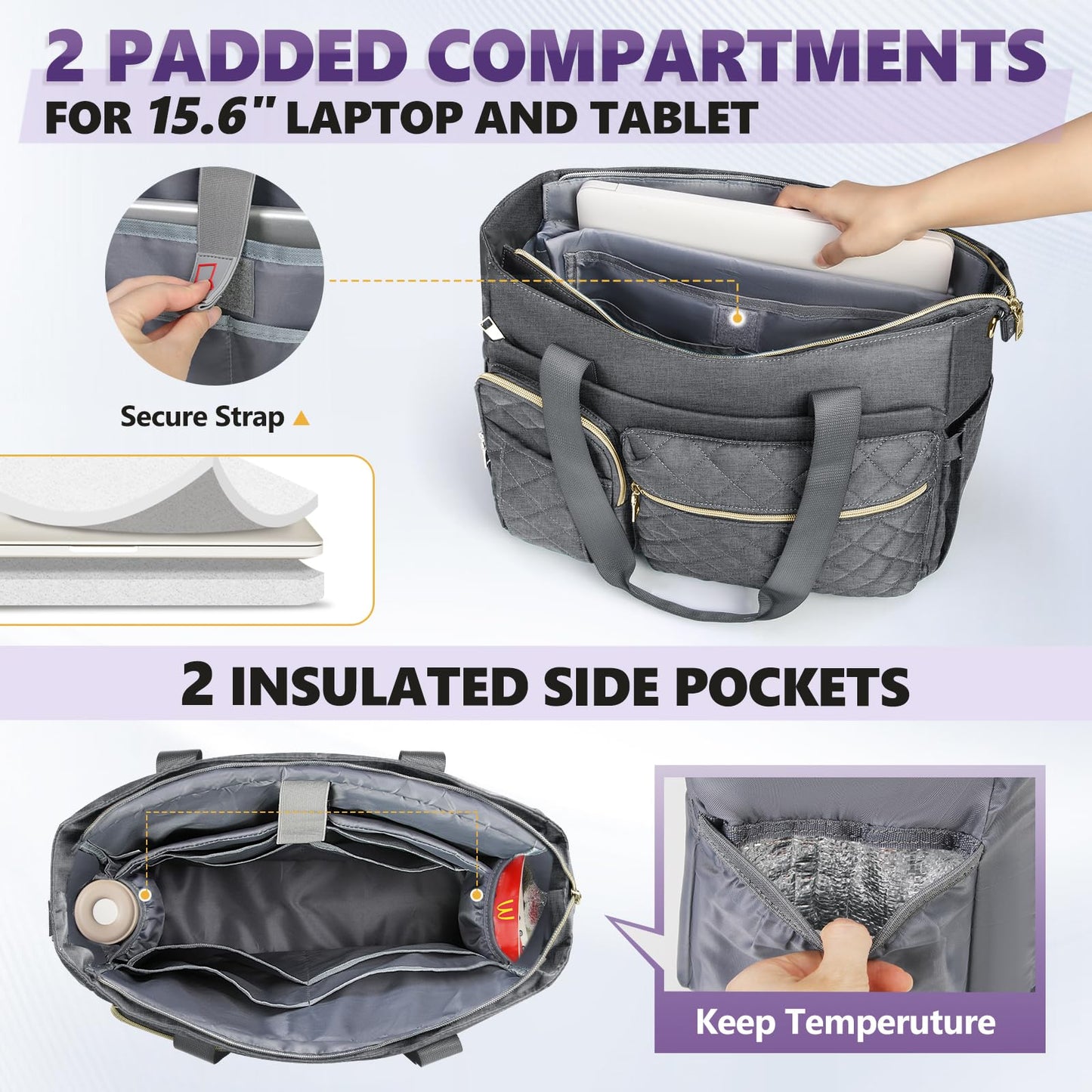 SDYSM Teacher Tote Bag for Women 15.6 inch Laptop Bag Work Bags Nurse Tote Professional Computer Messenger Shoulder Bags Laptop Briefcase for Office, College, Nursing,Grey