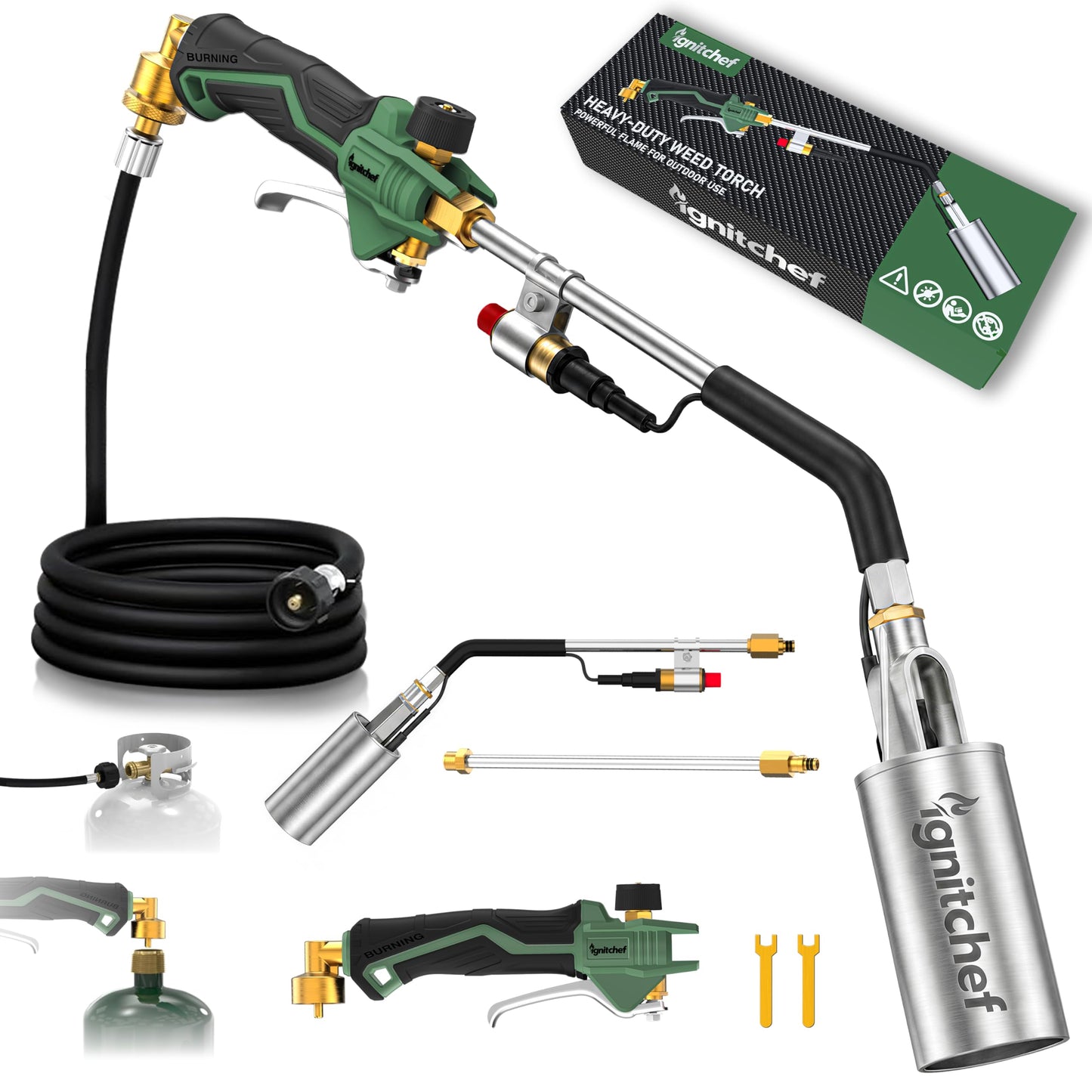 Propane Torch Weed Burner Heavy Duty-340,000 BTU Weed Torch with 2 Extension Modes, Piezo Trigger(Self Igniting)&12.5ft Hose, Multi-Fuel Compatible(1lb-100lb) for Weeds, Ice Melting, Roofing, Green