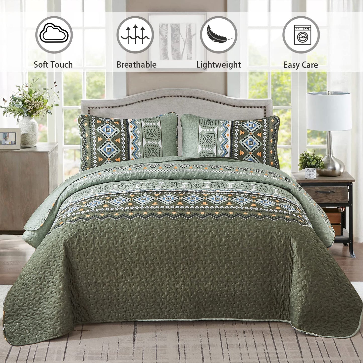 Boho Quilt Set Queen Size Olive Green Bedding Bedspread Reversible Geometric Aztec Pattern Soft Lightweight Microfiber Bohemian Coverlet Set for All Season 3 Pieces 90"x96"