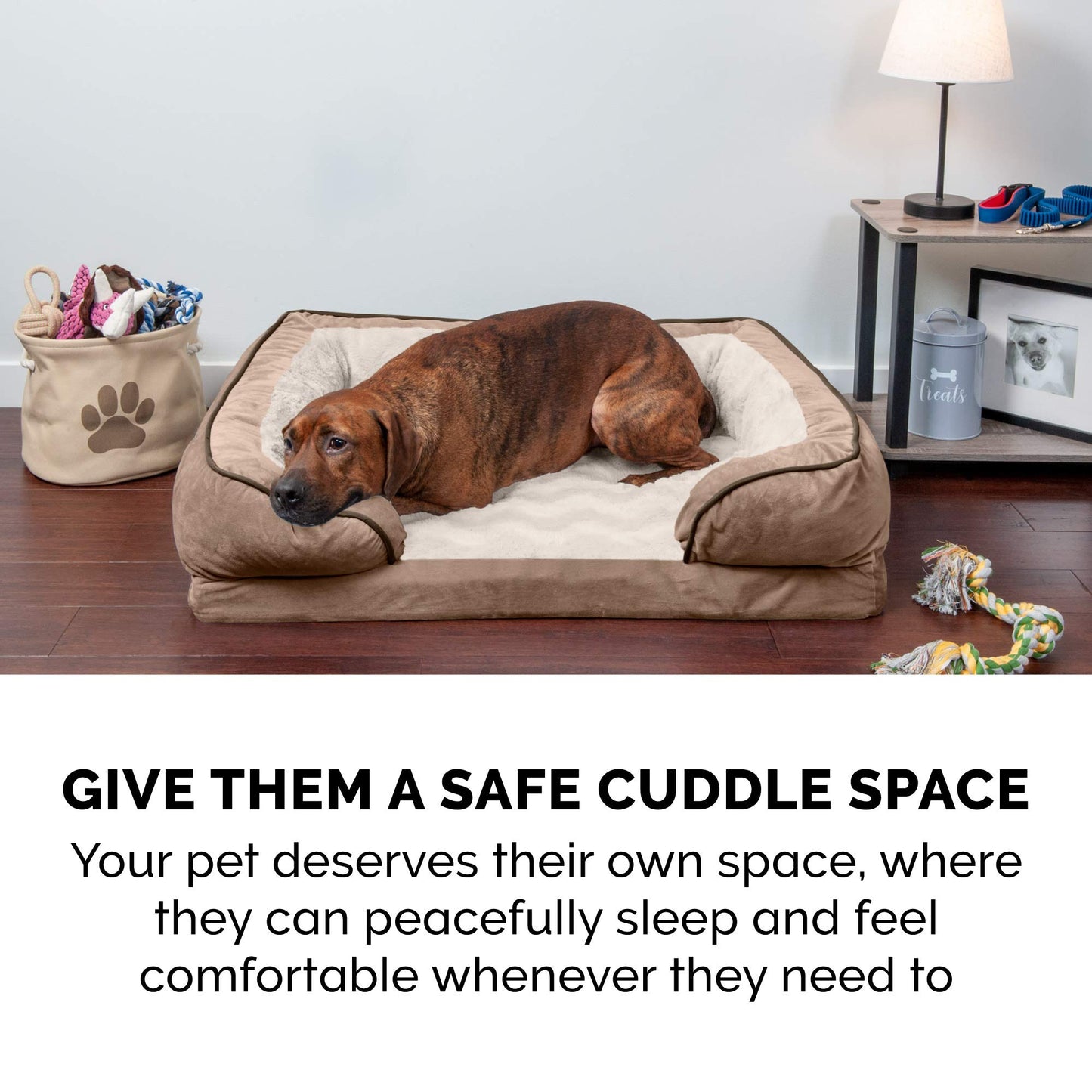 Furhaven Cooling Gel Dog Bed for Large/Medium Dogs w/Removable Bolsters & Washable Cover, for Dogs Up to 55 lbs - Plush & Velvet Waves Perfect Comfort Sofa - Brownstone, Large
