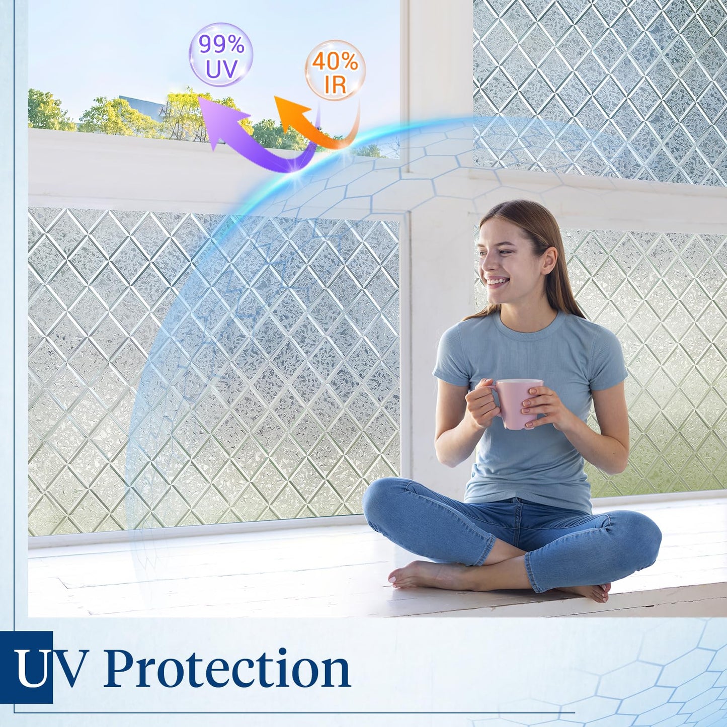 Haton Window Films for Privacy, 3D Frosted Glass Film, Sun UV Blocking Static Cling Reusable Non-Adhesive Decorative Window Privacy Covering fits Bathroom & Home Office, Lattice Pattern,60x200cm