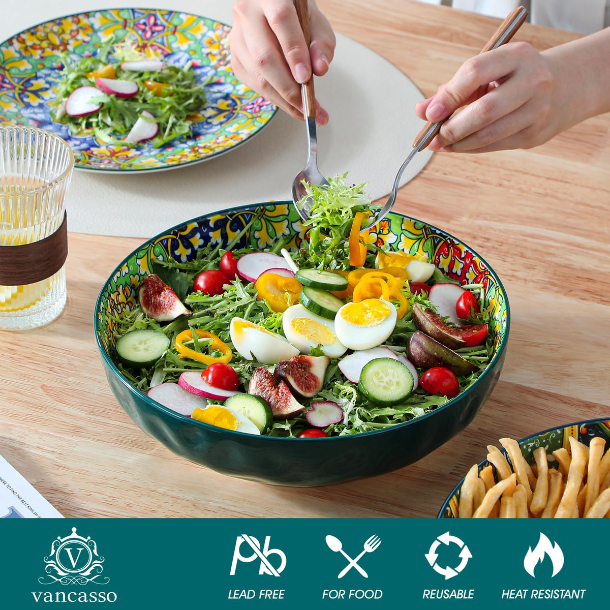 vancasso Large Serving Bowls, 78 Oz Extra Large Salad Bowls Set of 2, Bohemian Decorative Bowls for Salad, Fruit, Pasta and Dinner, Serving Dishes Set for Party, Dishwasher & Microwave Safe－Green