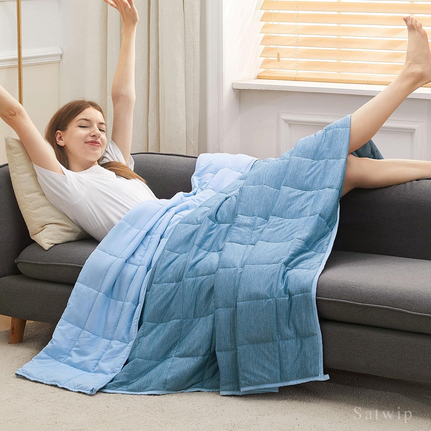 Weighted Blanket Queen Size Cooling - Satwip 15 lbs Cool Moire Jersey Bed Blanket for Hot Sleeper with Soft Breathable Sanded, 60 x 80 inches, Blue