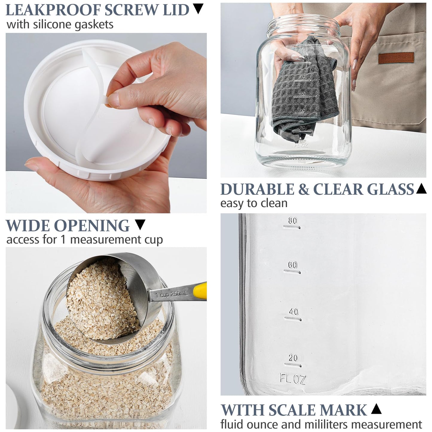 2 Pack 1 Gallon Glass Jar with Lid, Heavy Duty Airtight Screw Lid w Silicone Gasket - Large Mason Jar Wide Mouth w 2 Scale Marks for Fermenting Kombucha, Sun Tea, and Storing Food (Extra 2 Gaskets)