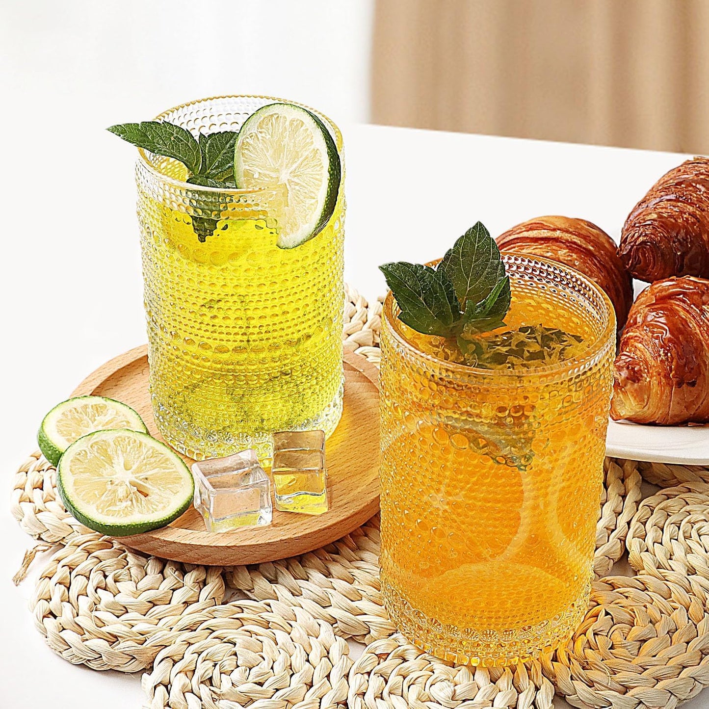 HomeVogue Large Glasses Set of 6,15 oz Hobnail Glassware with Straws, Vintage Glassware Drinking Glasses, Embossed Clear Water Tumbler, for Beer, Cocktail, Whiskey, Juice and Various Mixed Drinks