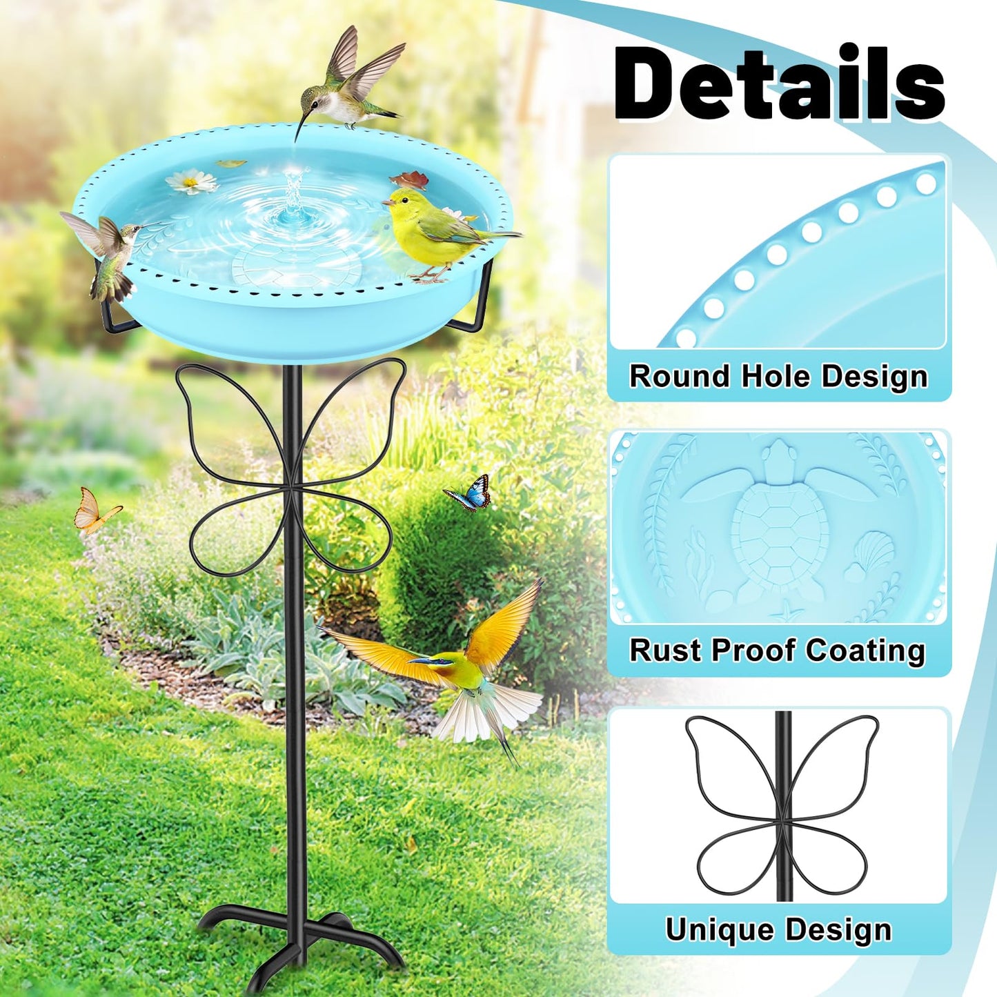 YOADEHOA 37In Bird Bath for Outside, 2-in-1 Birdbath & Birdfeeder with Detachable Plastic Bowl, Metal Butterfly Stake & Sturdy 5-Pronged Base for Outdoor Garden Yard Decor (Blue)