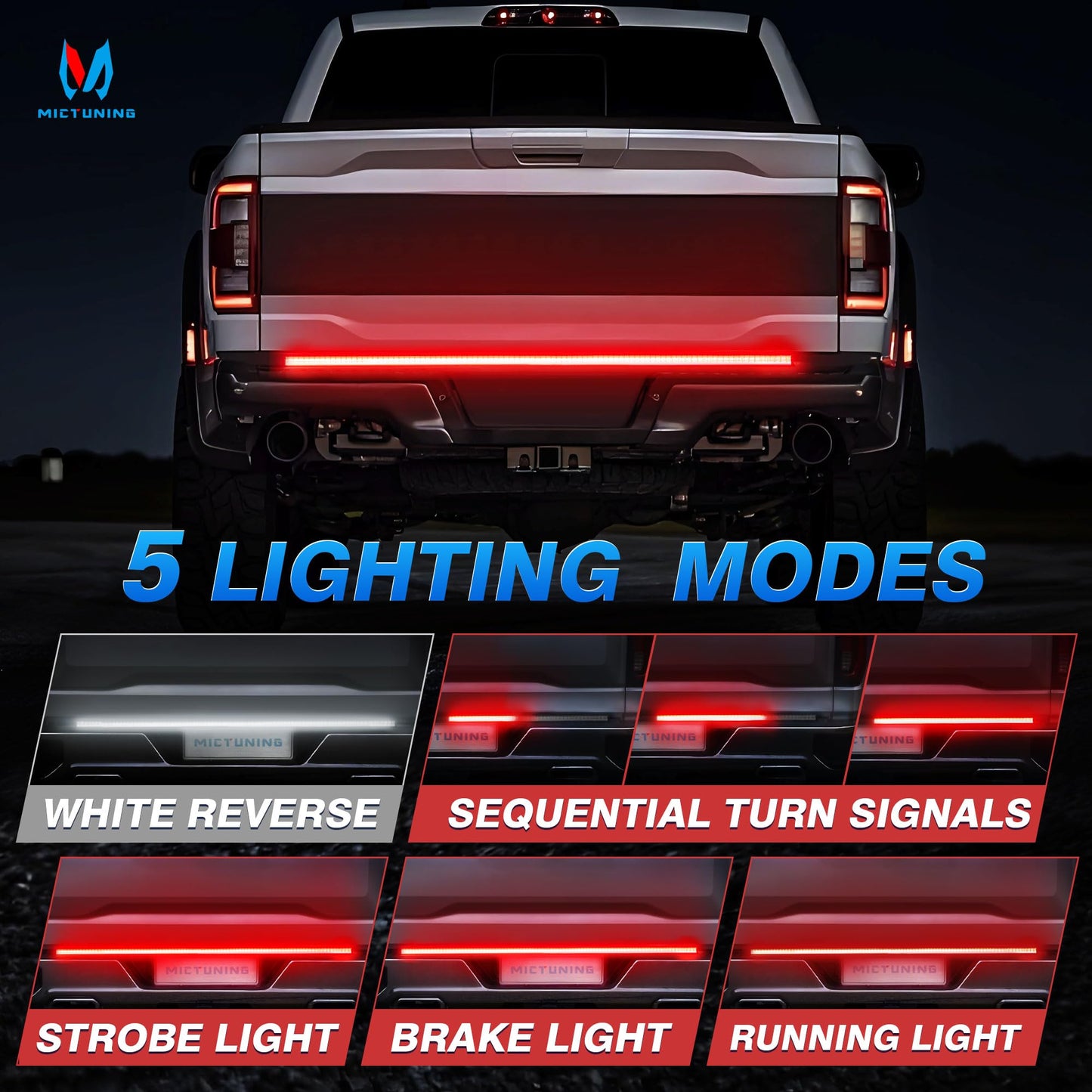 MICTUNING Truck Tailgate Light Strip 48 Inch Triple Row 360 LED IP67 Waterproof with Red Running Brake Sequential Turn Signal, Strobe & White Reverse Lighting