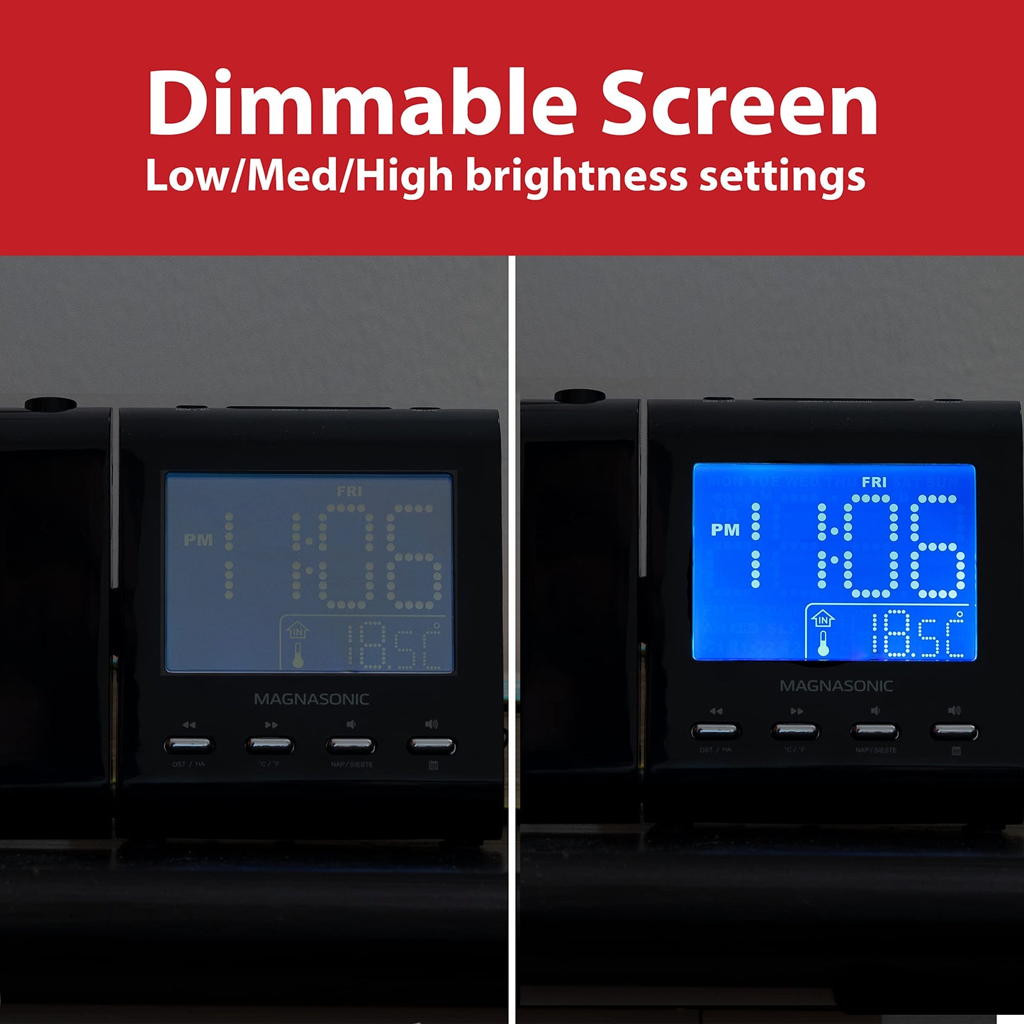 Magnasonic Projection Alarm Clock with AM/FM Radio, Battery Backup, Auto Time Set, Dual Alarm, Nap/Sleep Timer, Indoor Temperature/Date Display with Dimming & 3.5mm Audio Input - Black (EAAC601)