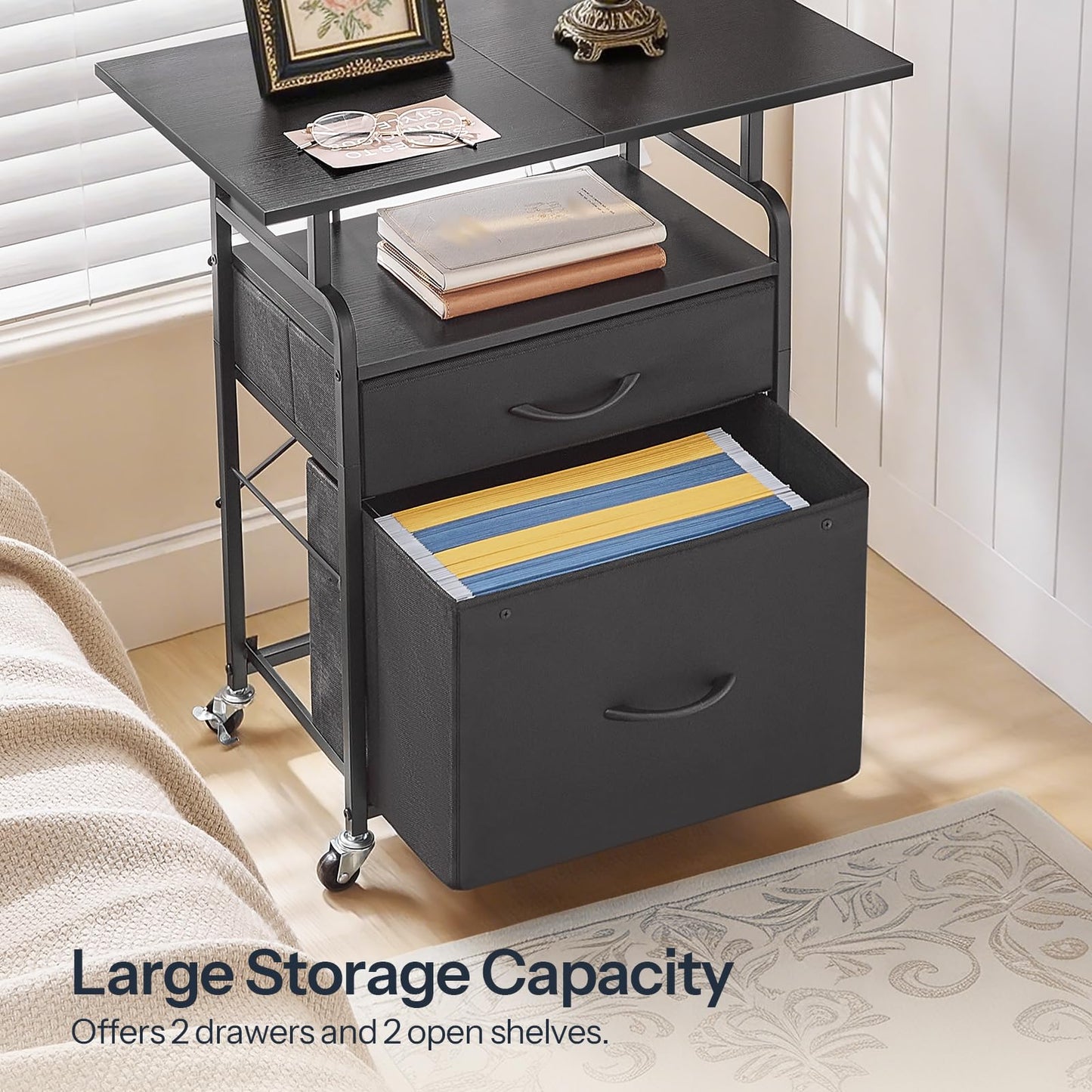 HOOBRO Printer Stand, Printer Table on Wheels, Storage Cart with 2 Drawers, Movable Printer Holder, for Office, Living Room, Black BB15UPS01
