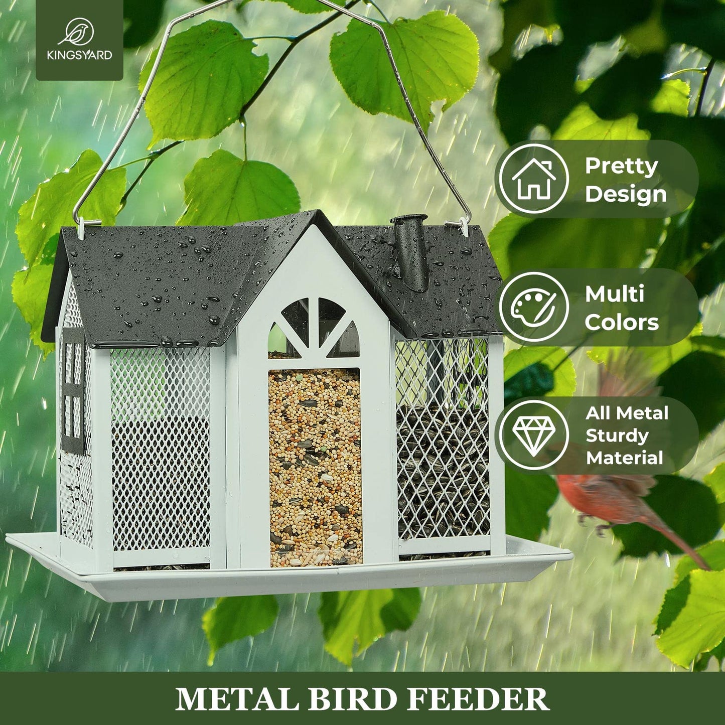 Kingsyard Bird Feeder House for Outside, Metal Mesh Wild Bird Feeder with Triple Feeders for Finch Cardinal Chickadee, Large Capacity, Weatherproof and Durable, Black Roof