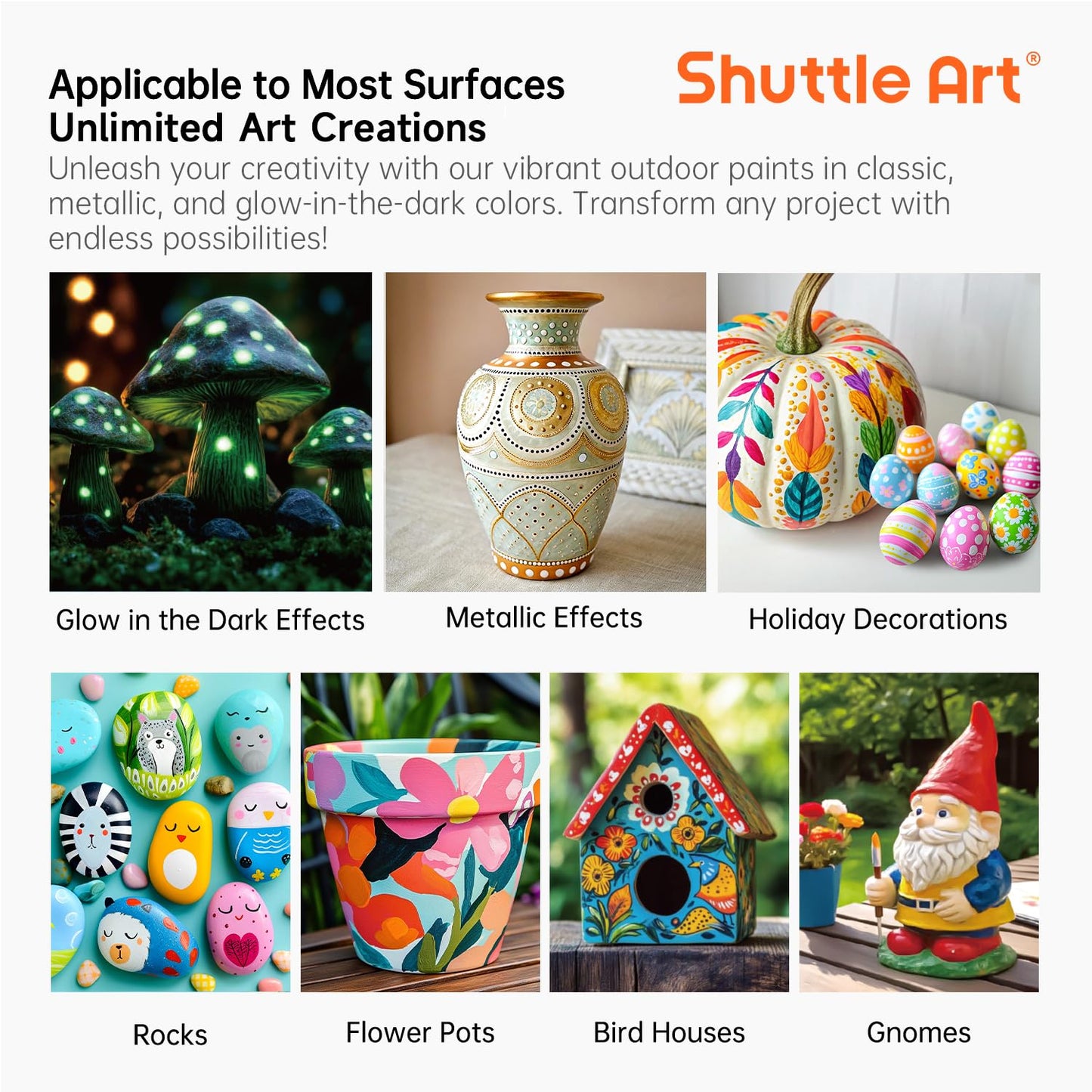 Shuttle Art 25 Colors Outdoor Acrylic Paint Set, 2oz/60ml Waterproof Acrylic Paint with 10 Brushes 1 Palette, Rich Pigmented Paints for Artists, Beginners on Rocks, Wood Crafts, Garden Statues