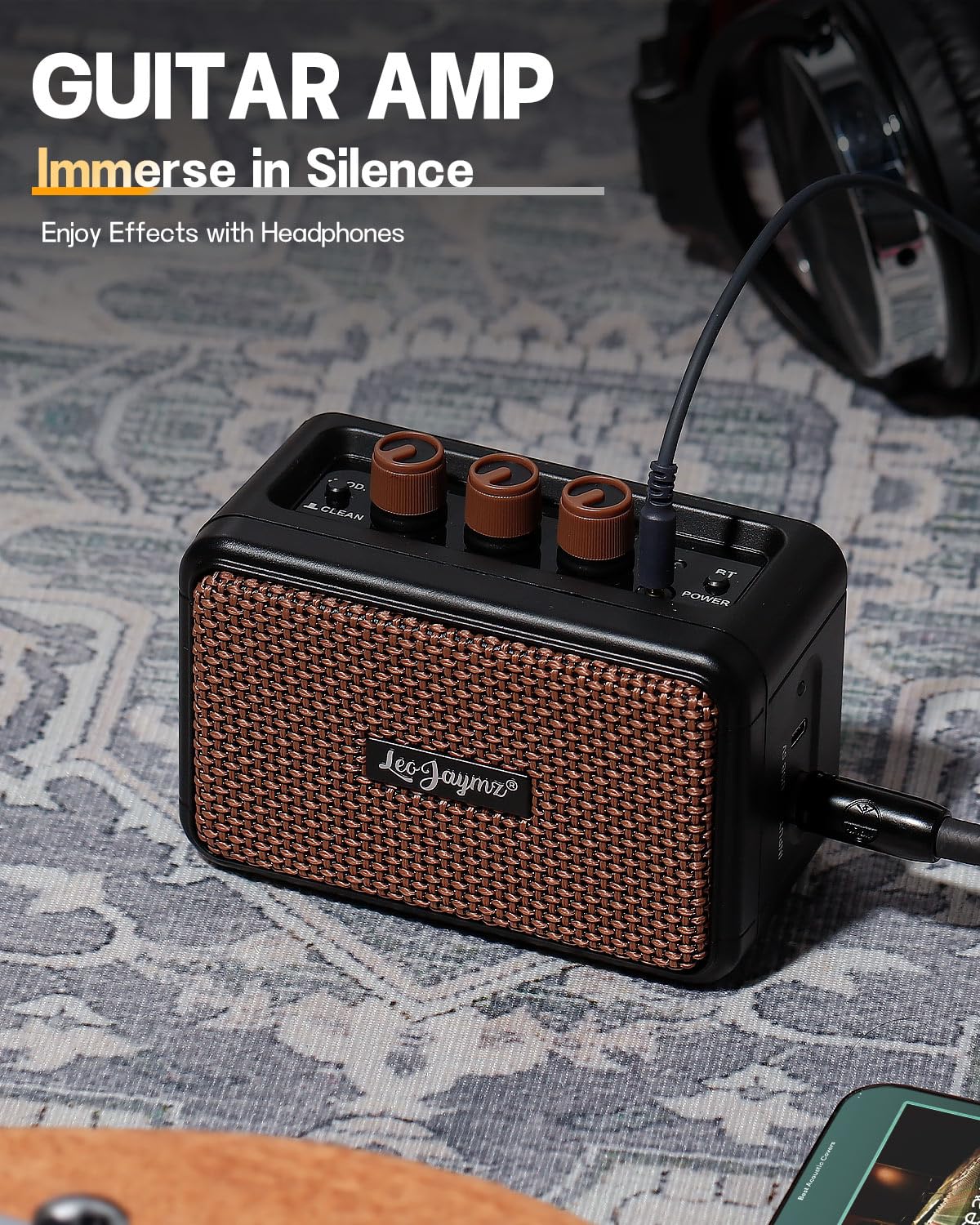 Leo Jaymz Mini Guitar Amplifier - 5W Dual Speaker BT Wireless Guitar Amp， Rechargeable Battery, Clean/Overdrive Modes, Headphone Jack,Ideal for Practice & Performance (Black)