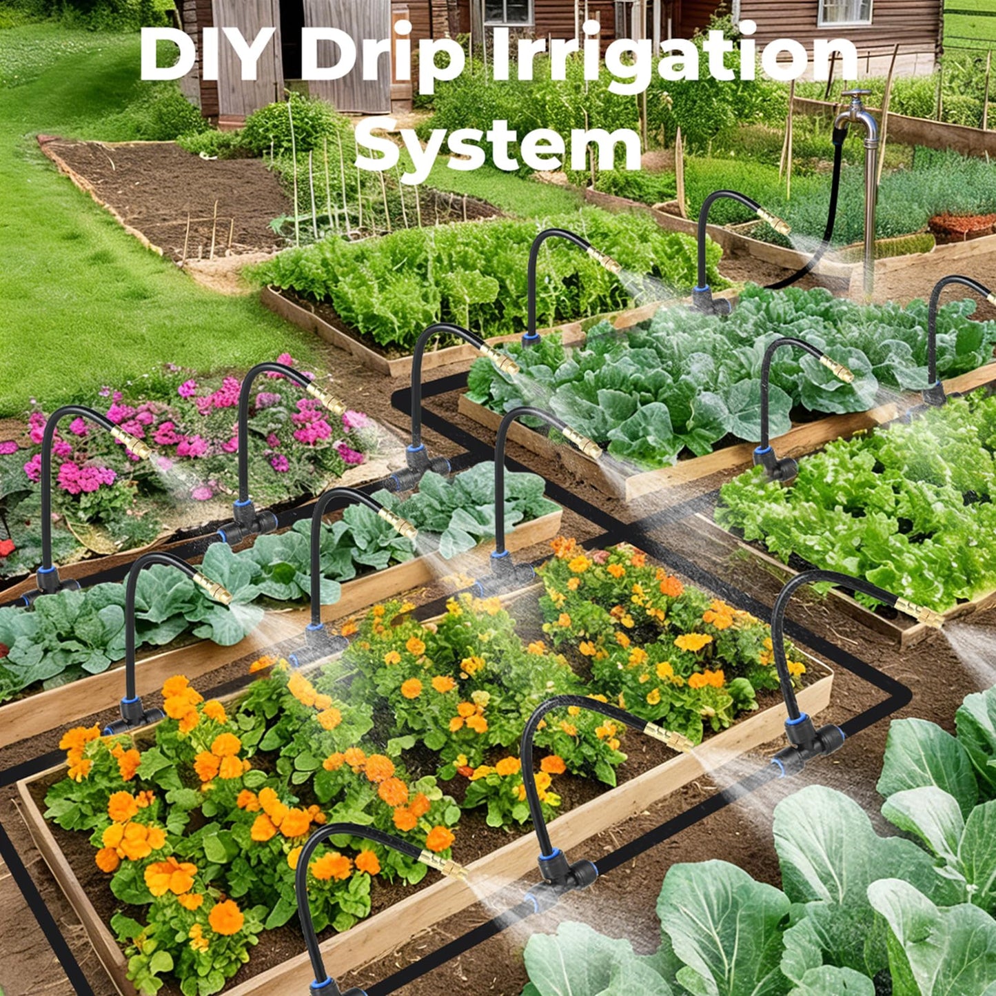 130FT Drip Irrigation System for Garden: 20 Nozzles 1/4" PE Tubing Automatic Watering Kit Adjustable Misting Sprinkler Mister Hose for Water Plants Tape Raised Beds Lawn Outdoor Yard Greenhouse