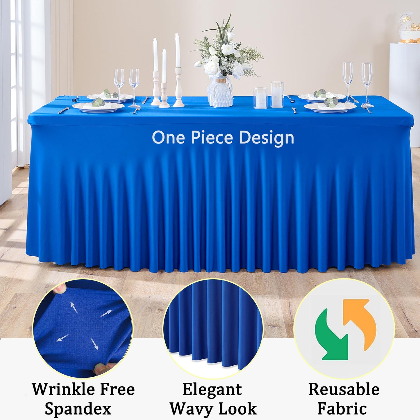Htper 2 Pack Royal Blue Spandex Table Clothes for 6 Foot Rectangle Tables, Wrinkle Free Fitted Table Cover 6ft Stretchy Tablecloths with Skirt for Parties Weddings Birthday Banquet Baby Shower