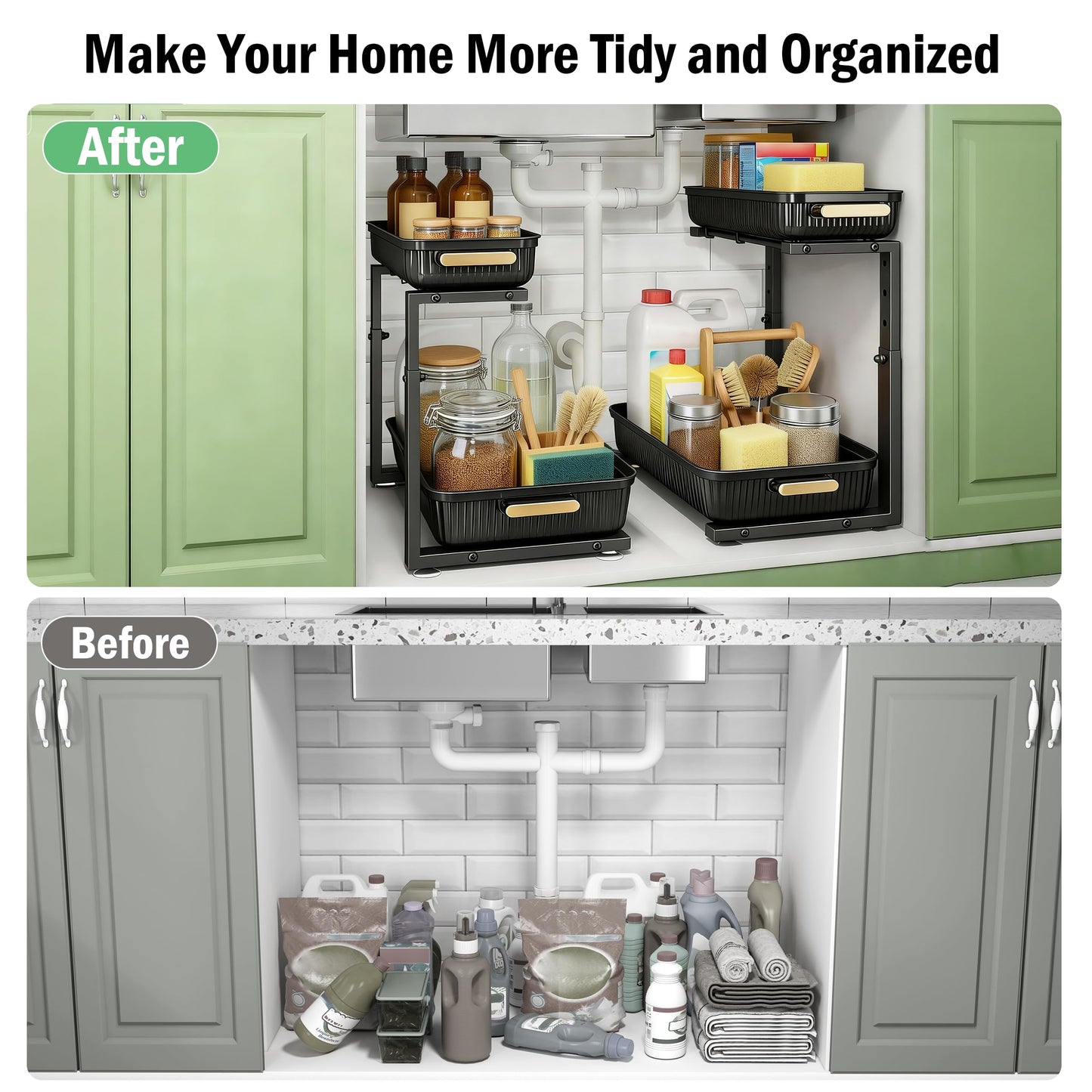 SNSLXH Under Sink Organizer 2 Pack, 2 Tier Pull Out Bathroom Storage Organizers, Kitchen Cabinet Organizers and Storage, Multi-Purpose Home & Kitchen Essentials, Black