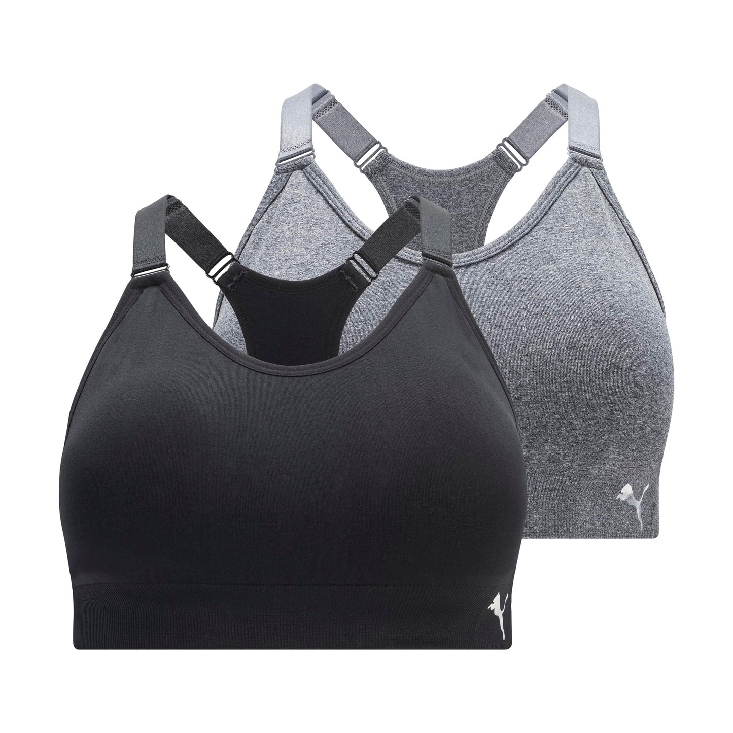 PUMA Women's 2 Pack Seamless Sports Bra, Puma Black/Heather Grey, Medium