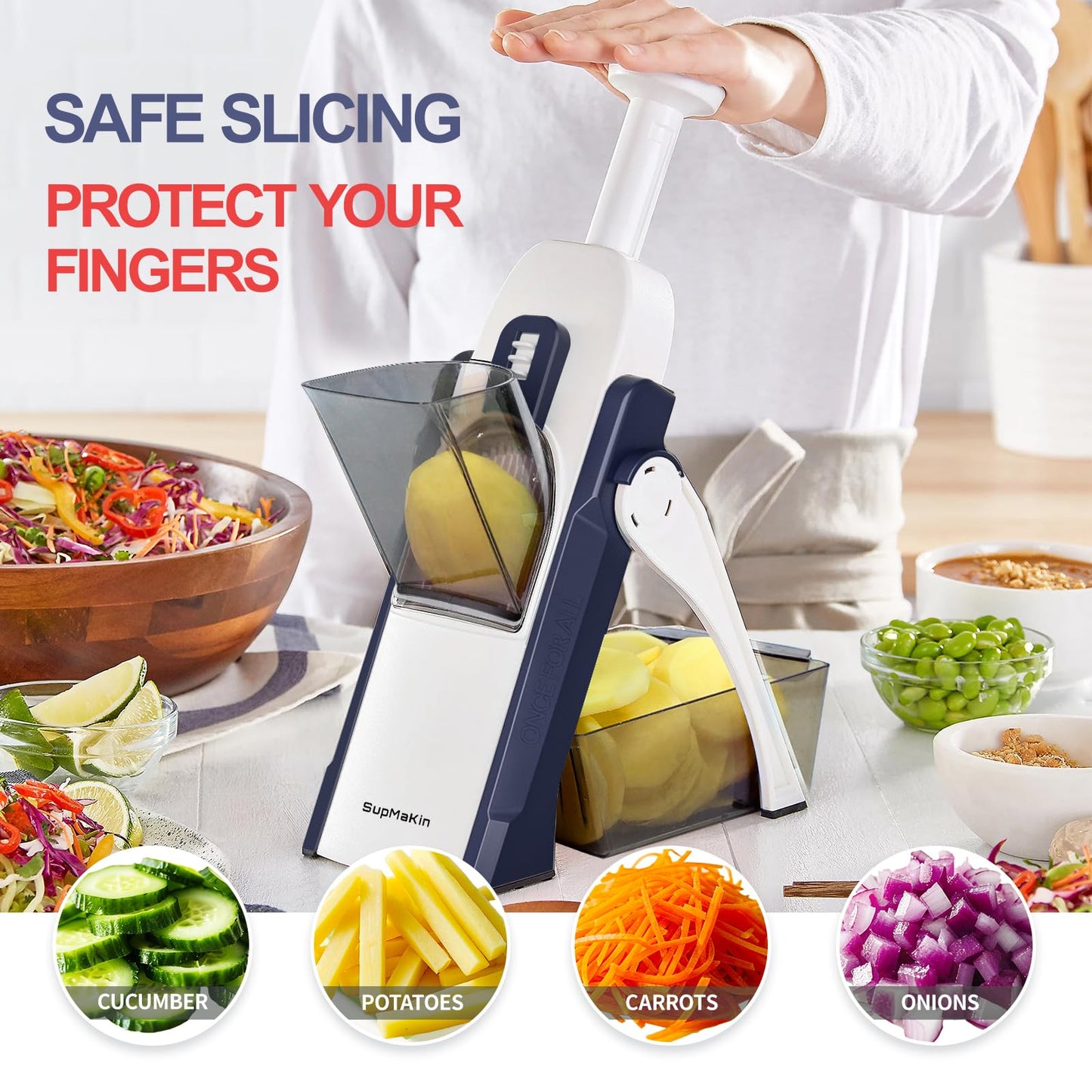 SupMaKin Mandoline Slicer for Kitchen, Safe Vegetable Chopper Adjustable Food Chopper Fruits and Vegetables Chopping Artifact (Blue)