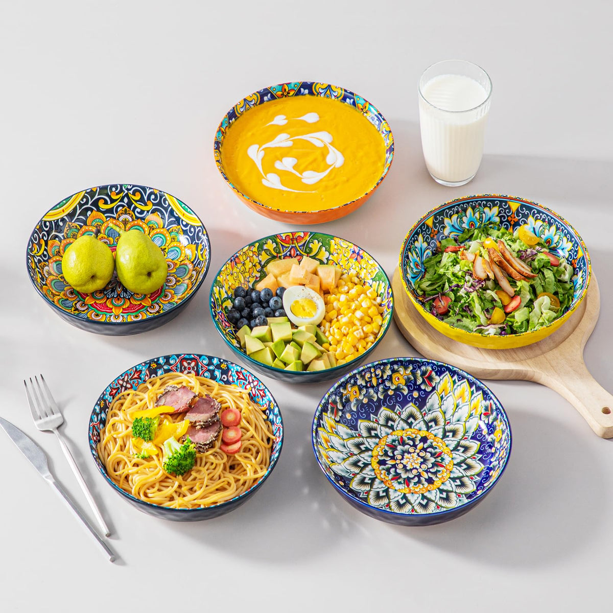 vancasso Pasta Bowls, Ceramic Salad Bowls of 6, 32 oz Large Corlorful Serving Bowls, Dishwasher & Microwave Safe Soup Bowls, Pasta Plates