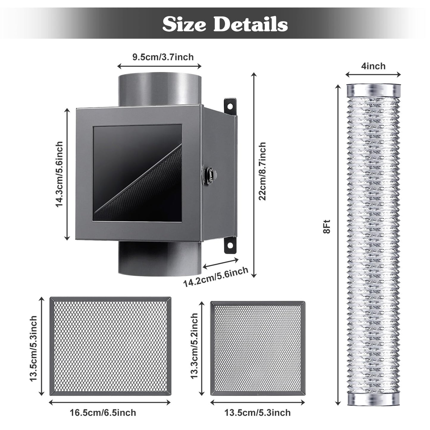HOEMEM Dryer Duct Lint Trap, Indoor Dryer Vent Kit Dryer Lint Catcher with 8FT 4" Dryer Vent Hose, 2 Hose Clamps, 2 Stainless Steel Mesh for Electric Dryers