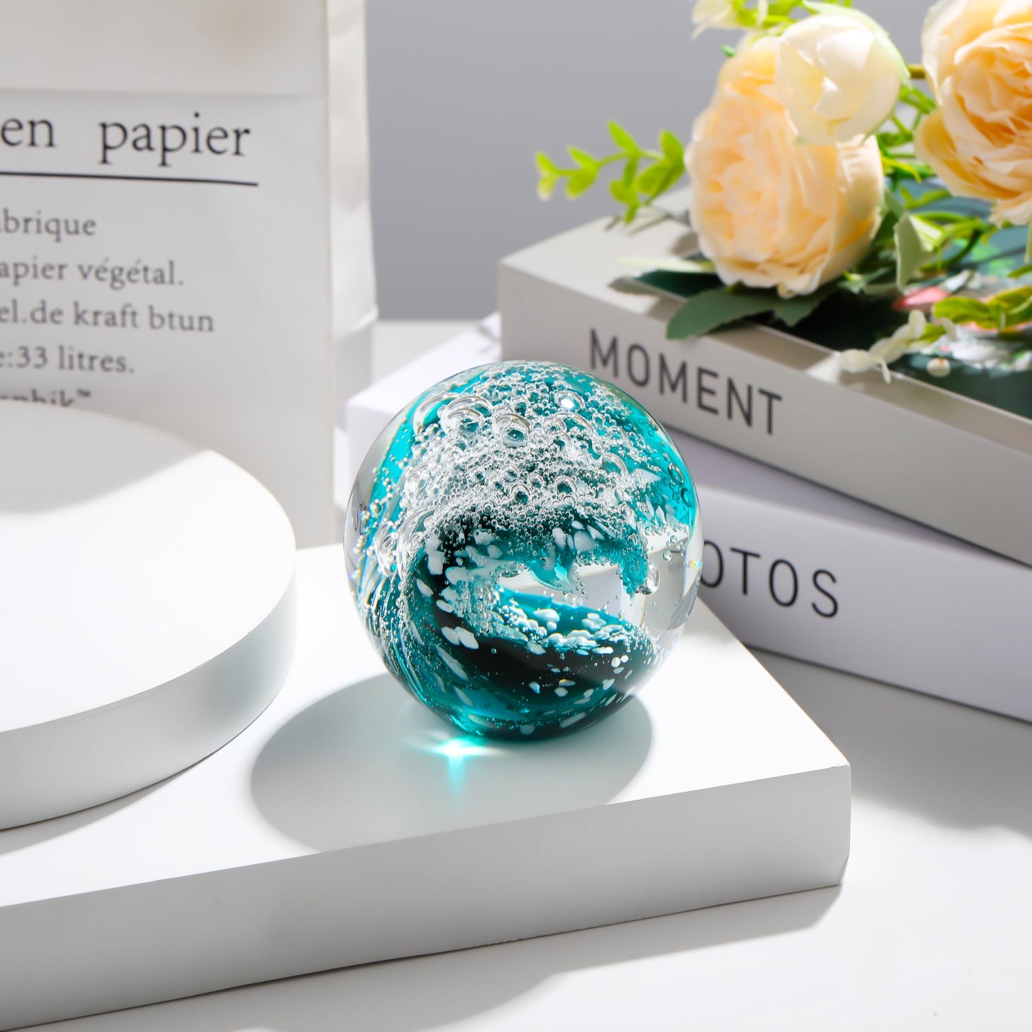 Qianwei Hand Blown Glass Figurines Ball Ocean Waves,Paperweight Glass Ball,Home Decor Collectible,Aquarium Decor,Office Decor Ocean Lovers