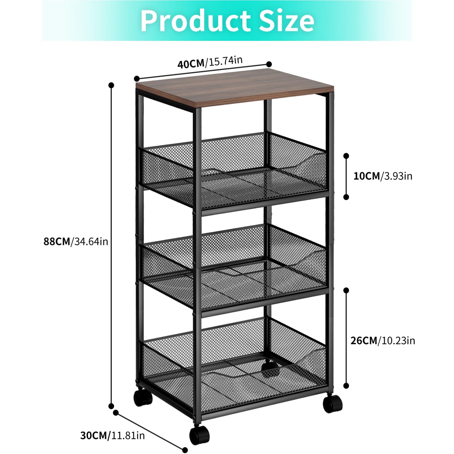 HapiRm Fruit Basket Kitchen Cart - 4-Tier Rolling Storage Cart with Wheels, Fruit Vegetable Basket with Wood Top, Pantry Utility Kitchen Organizer for Fruit Potato Onion Vegetable Bread Snack