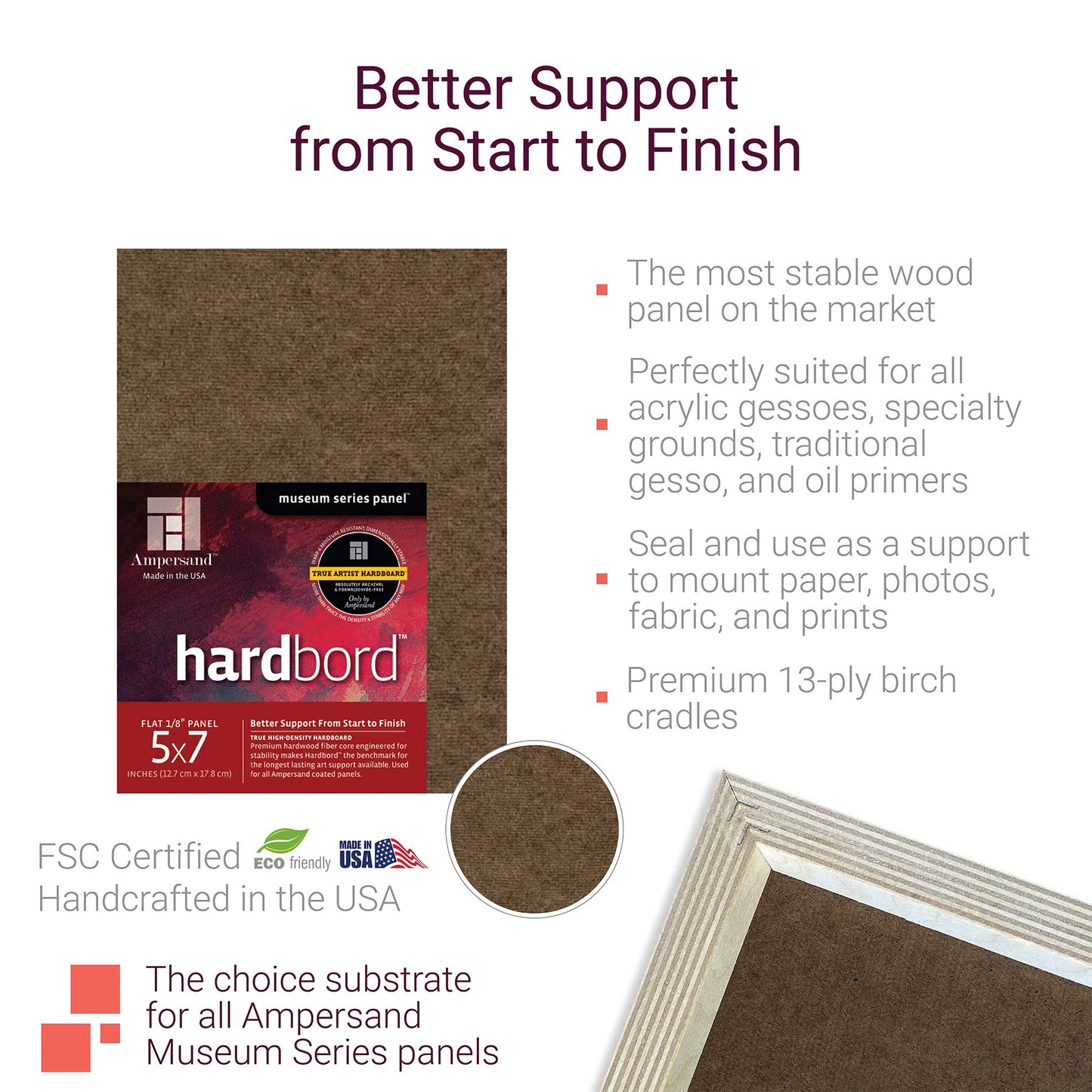 Ampersand Art Supply Hardboard Wood Painting Panel: Museum Series Hardbord, 12" x 16", 1/8 Inch Flat Profile