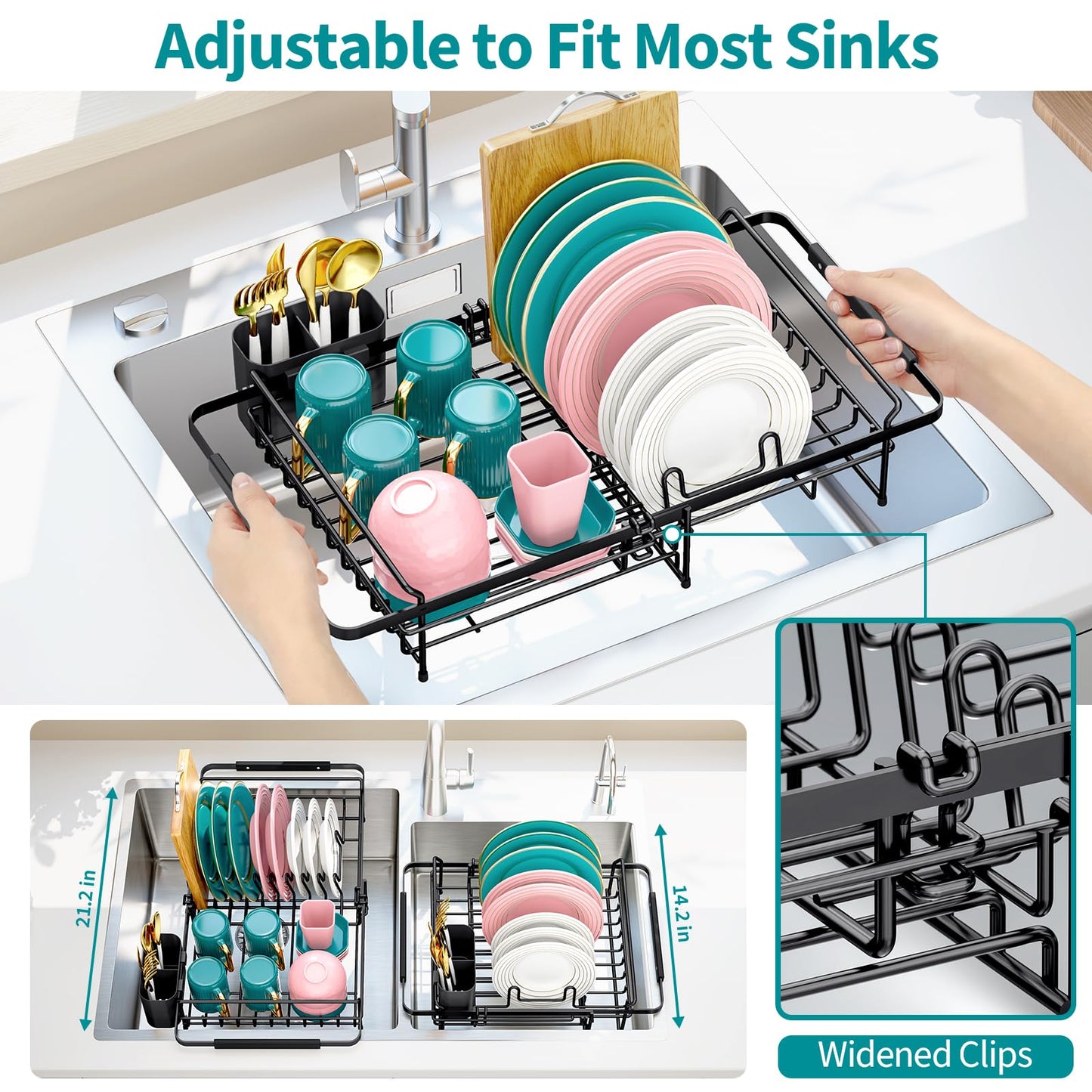 Urackify Expandable Dish Drying Rack Over The Sink, Adjustable Dish Rack in Sink, Rustproof Dish Drainer for Kitchen Counter, Dish Strainer with Utensil Holder, 13.07" ~ 21.2" X 11.2" X 3.2", Black