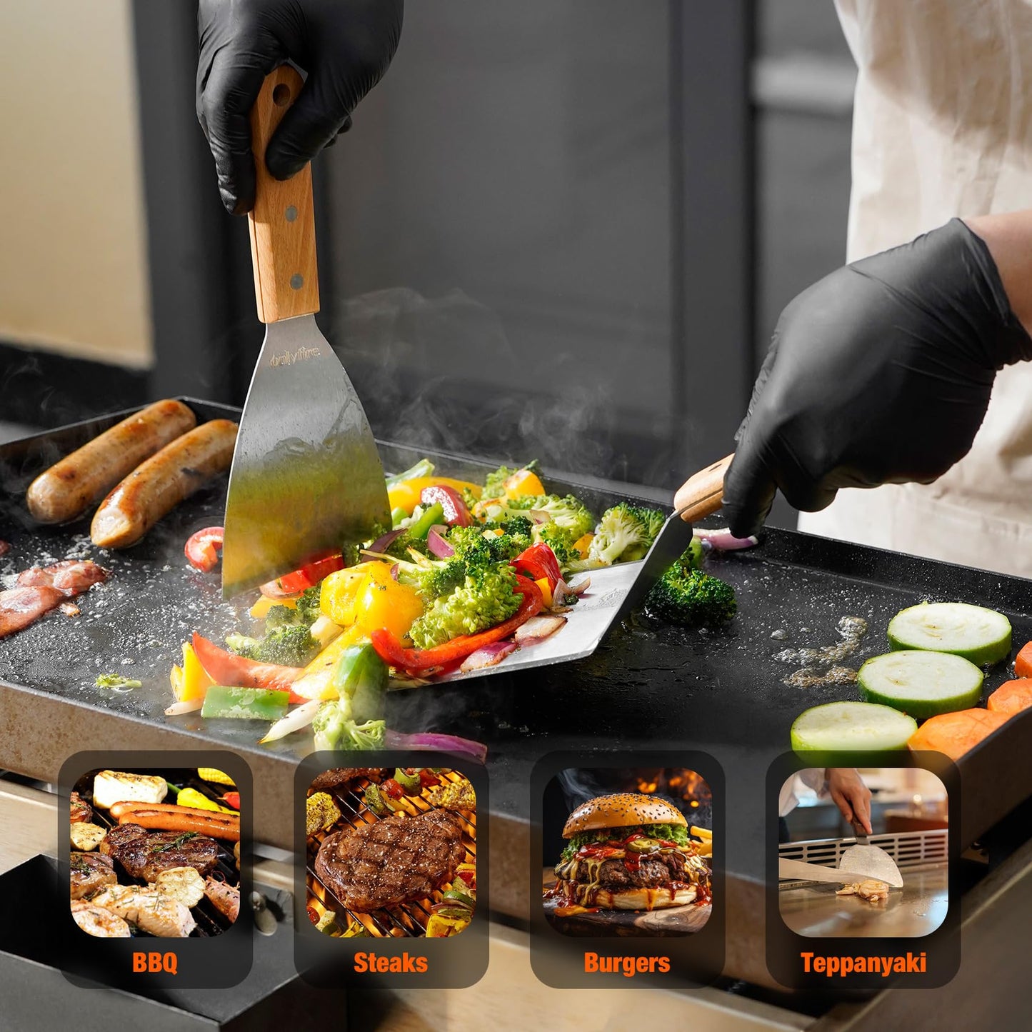 onlyfire 6PC Burger Set, Cheese Melting Dome & Burger Press Kit, Basting Cover with Burger Smasher & Grill Spatula & Hamburger Press Patty Maker for Outdoor Griddle BBQ