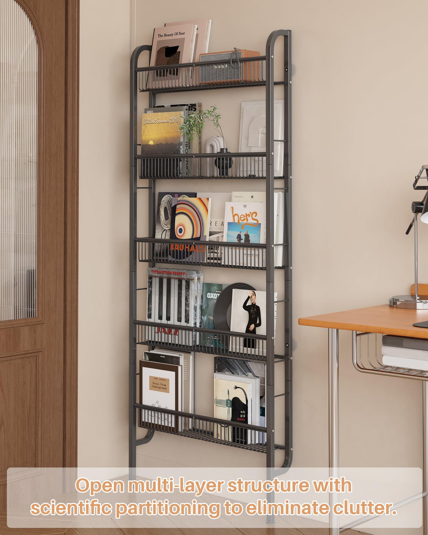 UMDONX Narrow Metal Storage Shelf Behind Door Organizer 5 Tier, Bookshelf Bookcase Book Rack Bathroom Shelving Unit Multifunctional (Black 62x9x160cm)