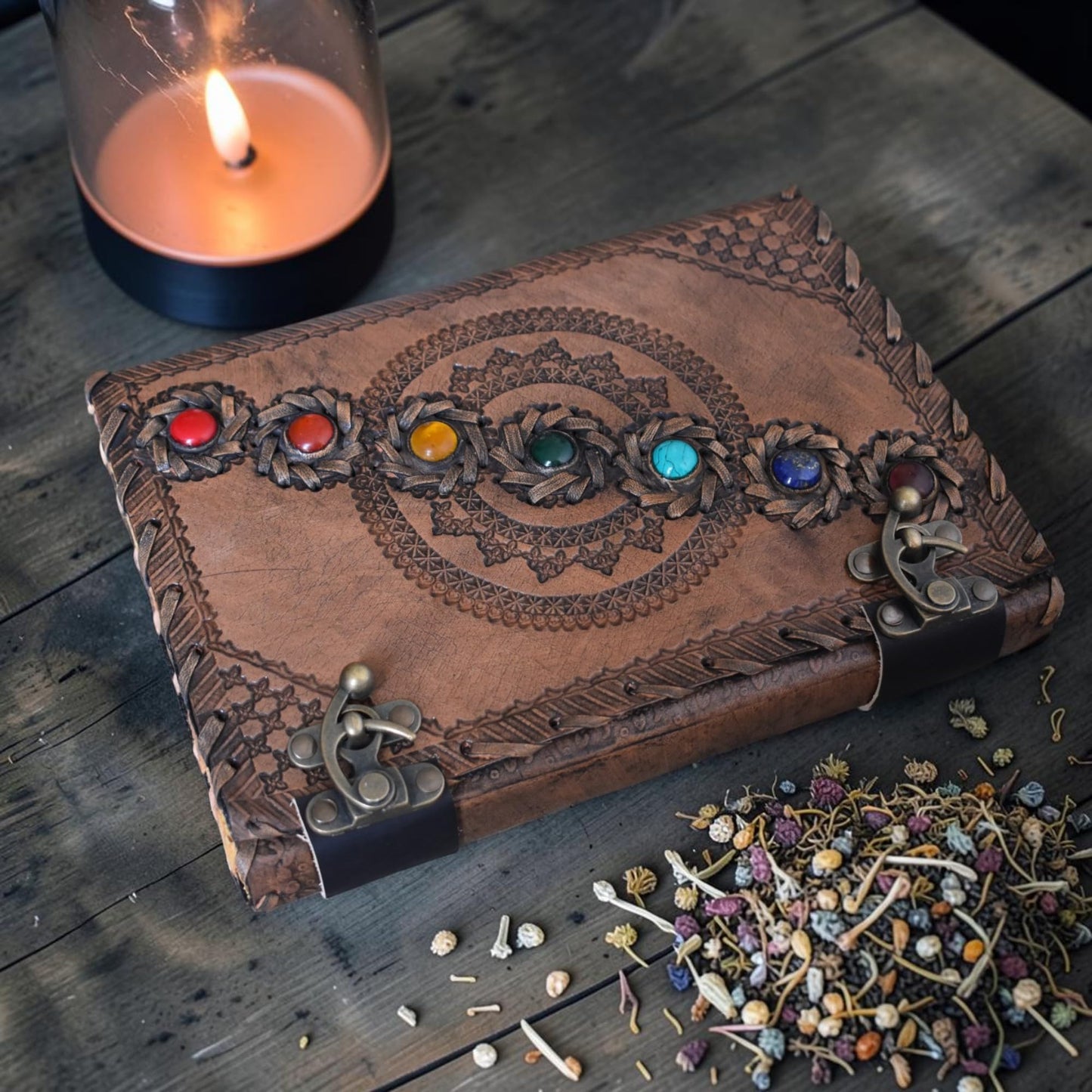 KMAAC leather bound journal book of shadows vintage leather journal deckle edge paper antique spell book wiccan seven stone chakra journal unlined lock daily notebook sketchbook 10x7