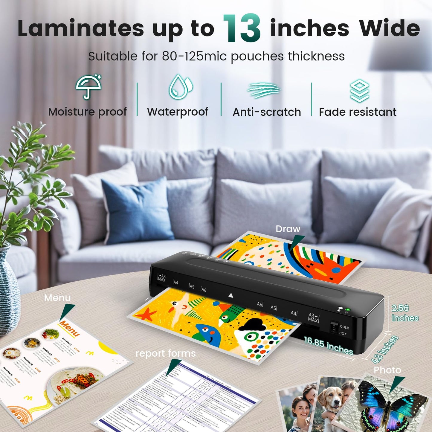 MAXDONE Laminator Machine A3/A4/A5/A6 - 13 Inch Cold Thermal Laminator with Cutter, Corner Rounder, 30 Laminating Sheets - BLM00132