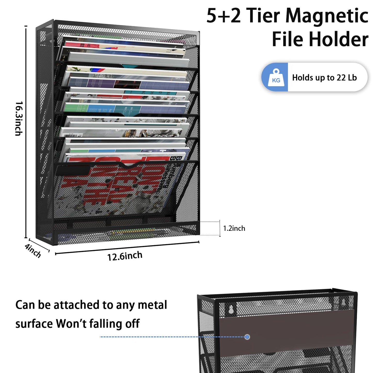 LQPAFZ 7-Tier Magnetic File Holder, No Drilling Wall File Organizer, Hanging File Organizer, Vertical Holder Rack for File Cabinets, Whiteboard, Refrigerator