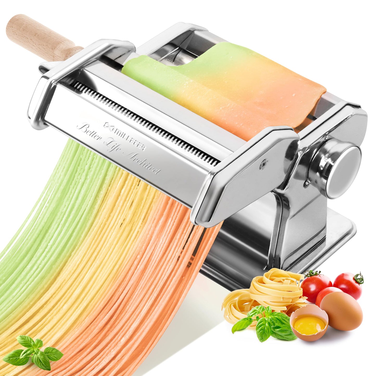 Pasta Maker Machine, 9 Adjustable Thickness Settings, 2 in 1 Dual Rollers & Cutter for Homemade Spaghetti, Fettuccini, Lasagna & Dumpling Skin