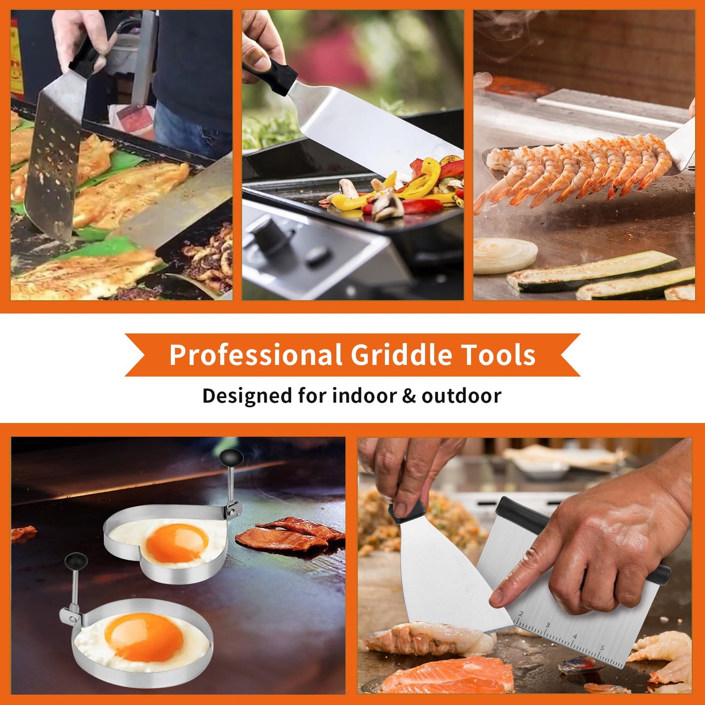 Bbcuepro 16 PCS Griddle Accessories Kit - Stainless Steel Flat Top Grill Spatula Kit for Outdoor Barbecue Teppanyaki Camping Cooking, Blackstone and Camp Chef - Professional Grill BBQ Spatula Set