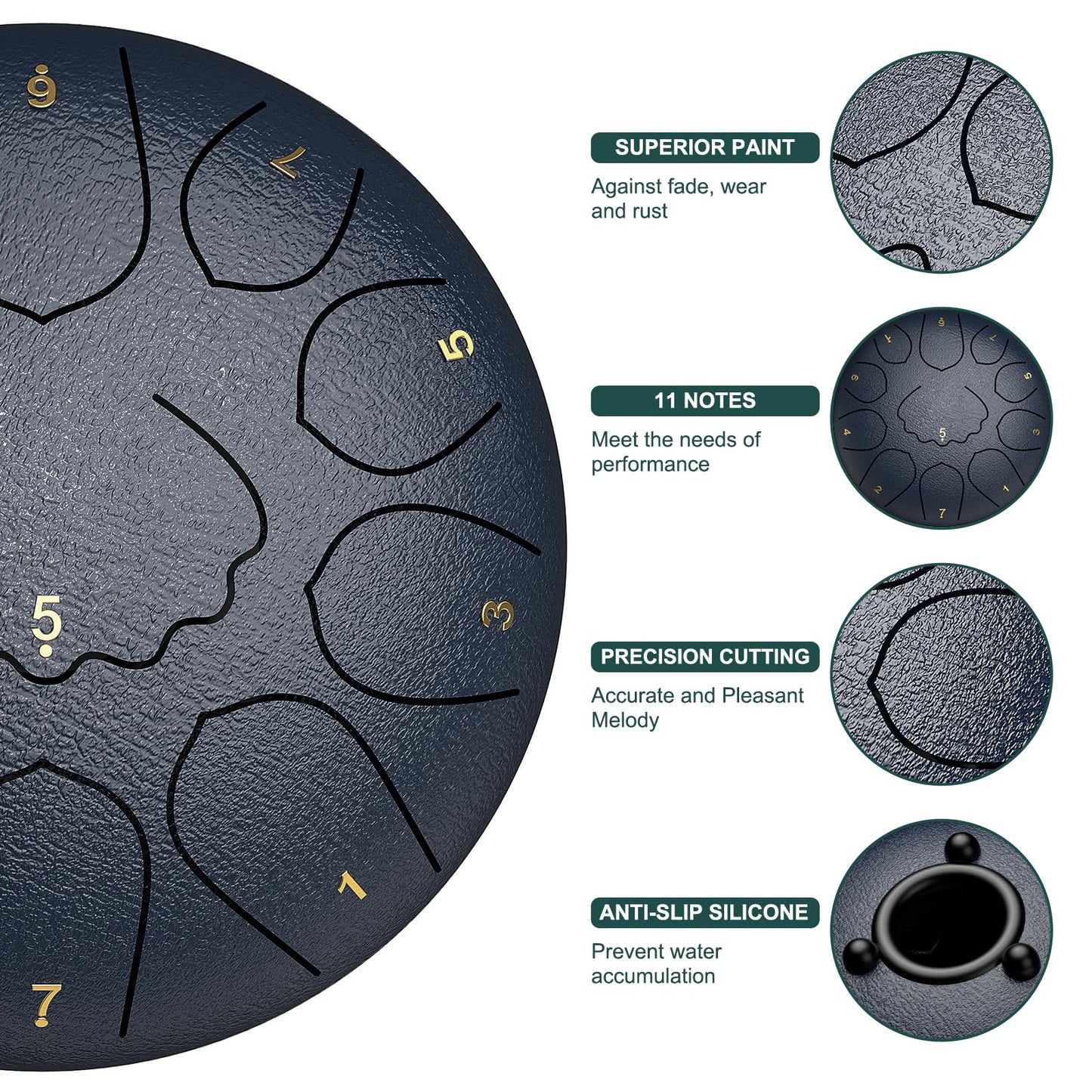 Rain Drum for Outside Garden, 8 Inches 11 Notes Steel Tongue Drum, Waterproof Meditation Rain Chime, Musical Instruments for Adult Gift with Bag, Music Book, Mallets (Navy Blue)