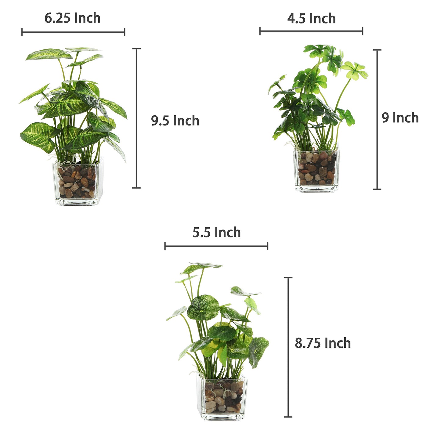 MyGift Set of 3 Small Fake Plants, 9.5 Inch Artificial Plants Indoor, Faux Tabletop Greenery in Clear Glass Pots for Home Decor