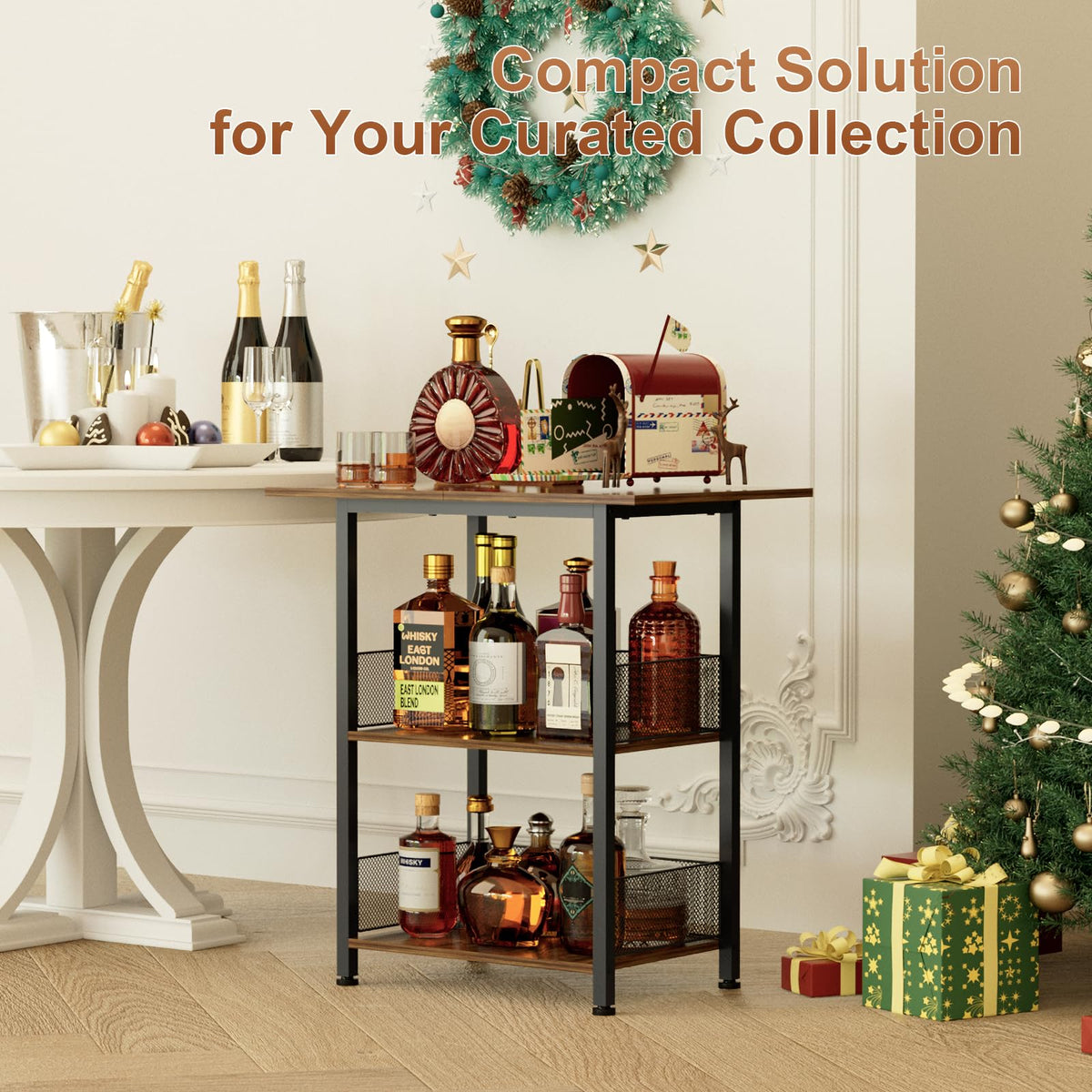 NEYCIL Freestanding Bar for Whiskey, 3-Tier Bar Cabinets Mini Bar Wine Table Whiskey Liquor Bottle Display Stand, Corner Cabinet for Kitchen, Dining Room, Living Room, Black