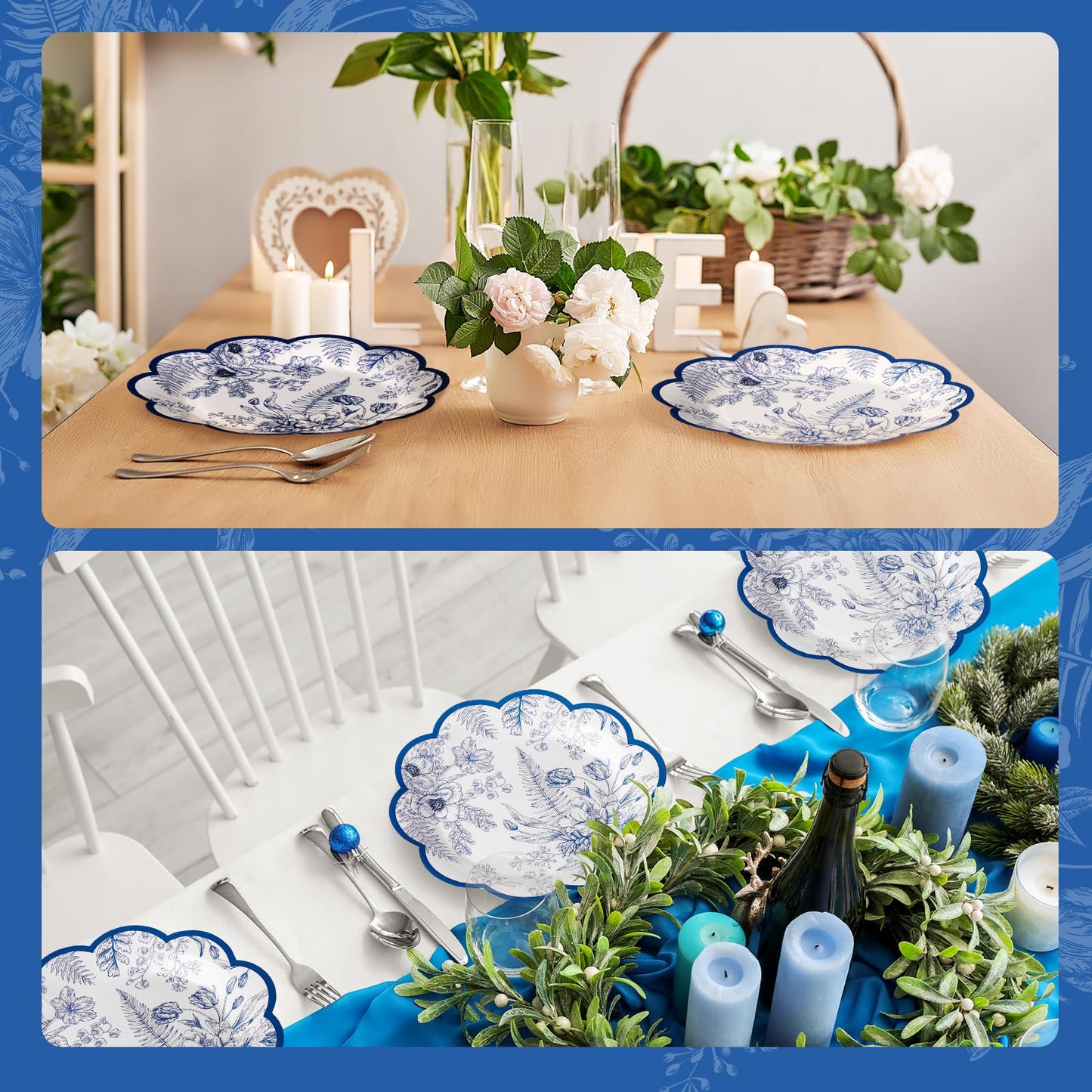 100 Pcs Blue Floral Paper Plates Disposable Dessert Baby Bridal Shower Party Supplies Floral Dessert Plates Bulk Birthday Tea Party Serving Tray for Wedding Birthday Supplies