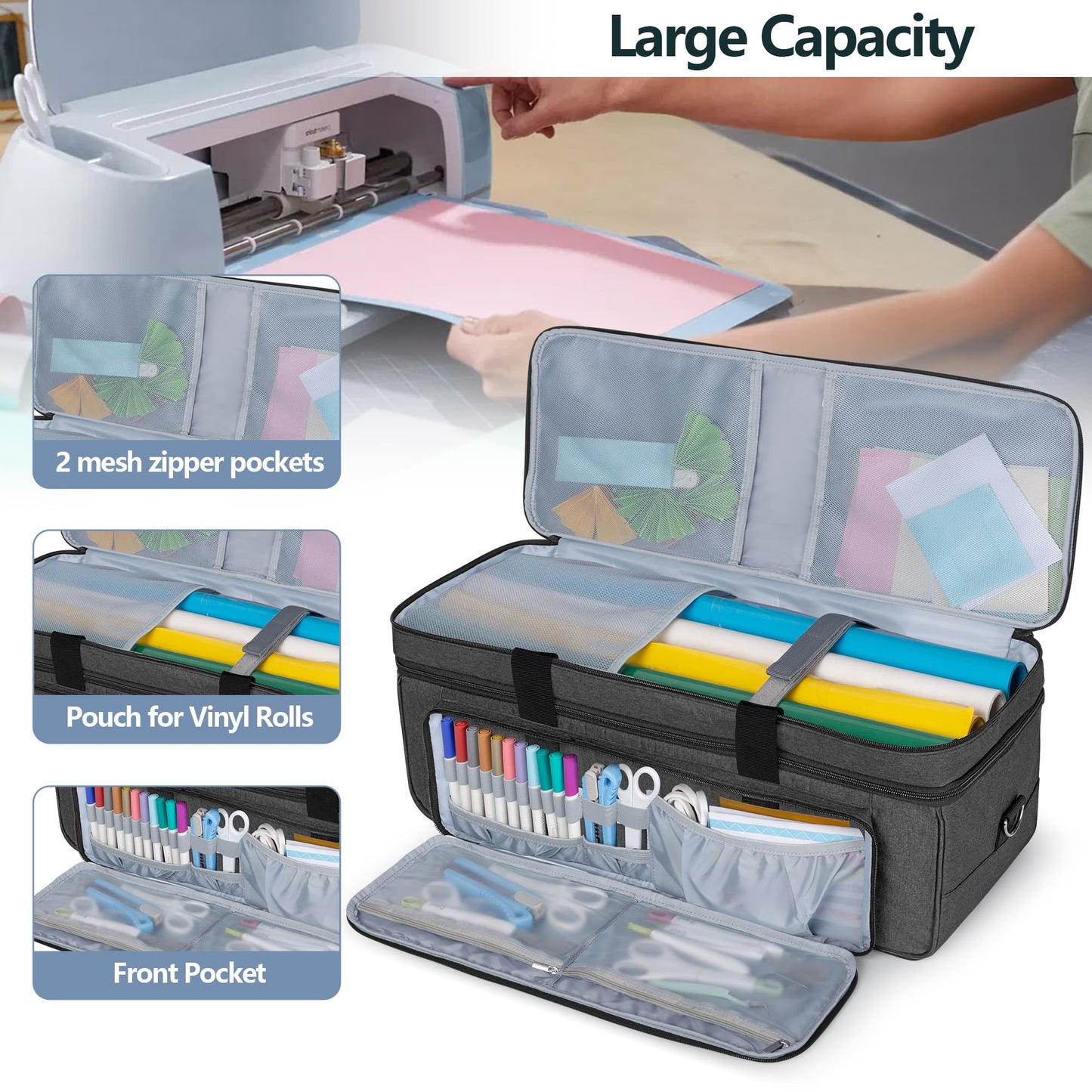 Luxja Double-Layer Carrying Case with Cutting Mat Pocket Compatible with Cricut Maker 4, Maker 3, Explore 4, Explore 3, Explore Air 2, Multiple Storage Bag for Cricut Accessories and Supplies, Black