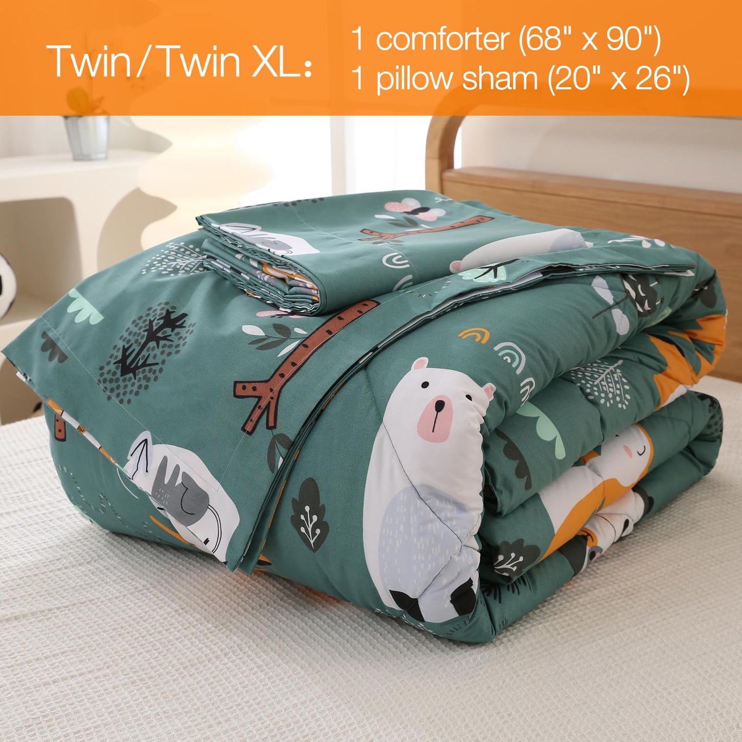 JSD Green Animal Forest Kids Comforter Set, 2 Pieces Twin Microfiber Comforter with Pillow Sham, Soft Comfortable Machine Washable