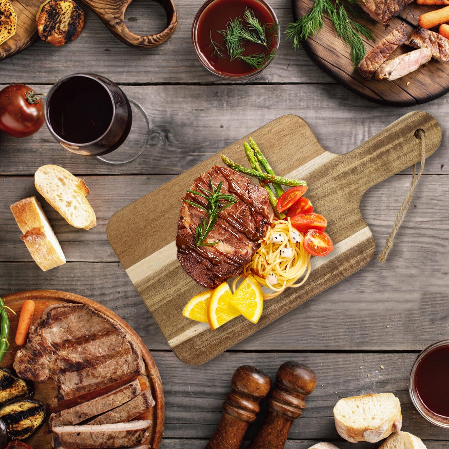 10 Pack Acacia Wood Cutting Boards Bulk,12" x 6" Small Wooden Serving Boards/Trays with Handle,Mini Charcuterie Board for Cheese, Bread, Appetizers,Kitchen,Party,Restaurant and Café