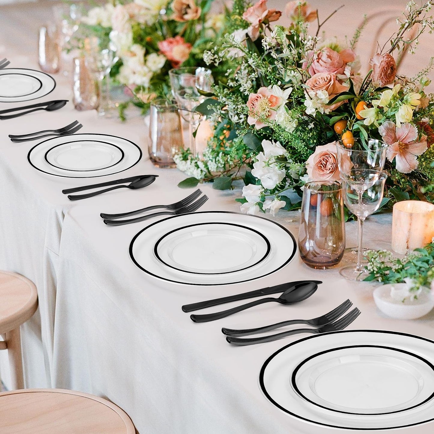 BESTSTAR 100PCS Black and Clear Plastic Plates, Black Disposable Plate Set with 50 Dinner Plates and 50 Dessert Plates for Party, Halloween, New year